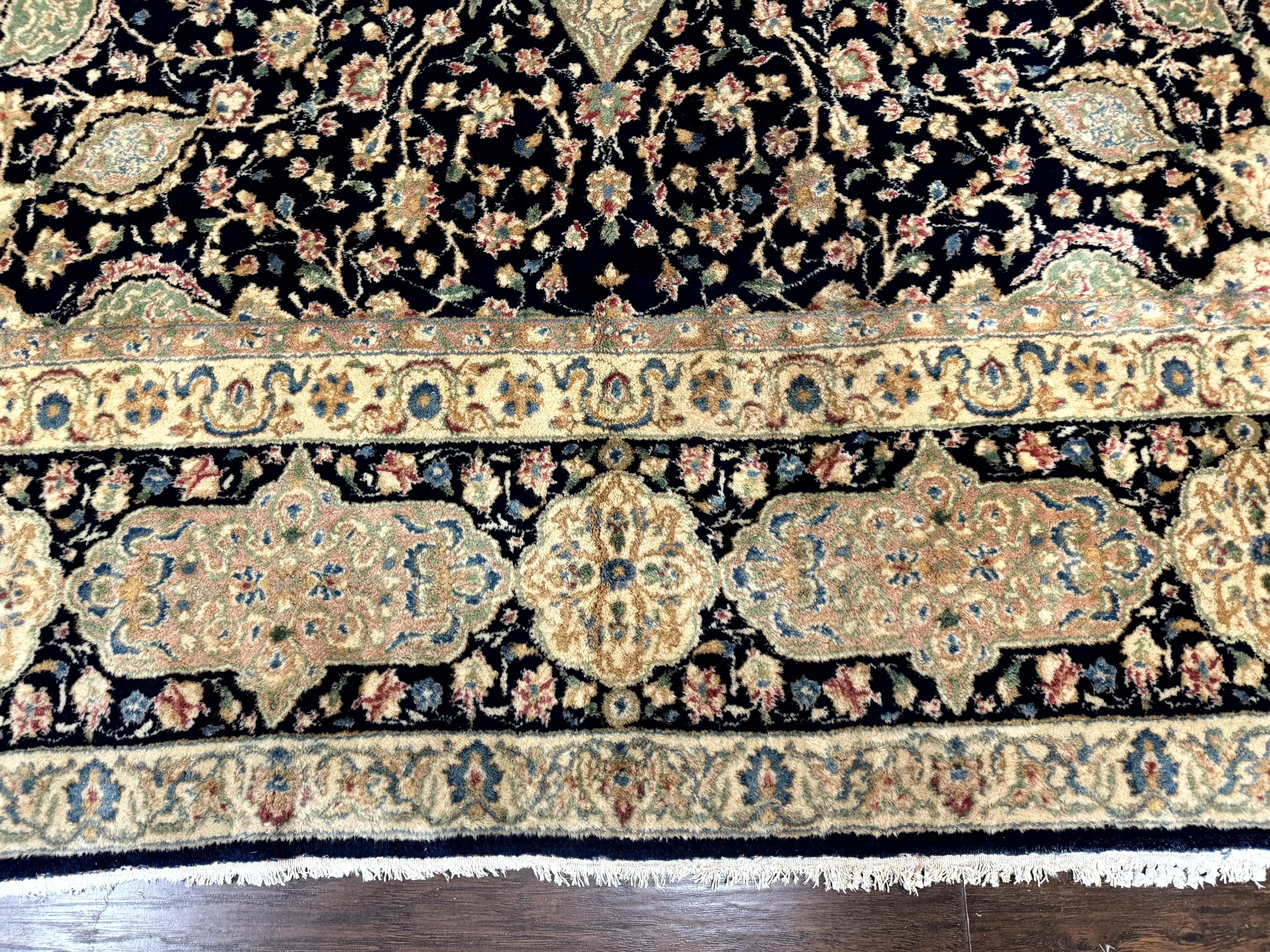 Large Persian Kerman Rug 10x14, Navy Blue and Beige, Floral Medallion, Traditional Elegant Persian Carpet, Signed by Masterweaver - Jewel Rugs