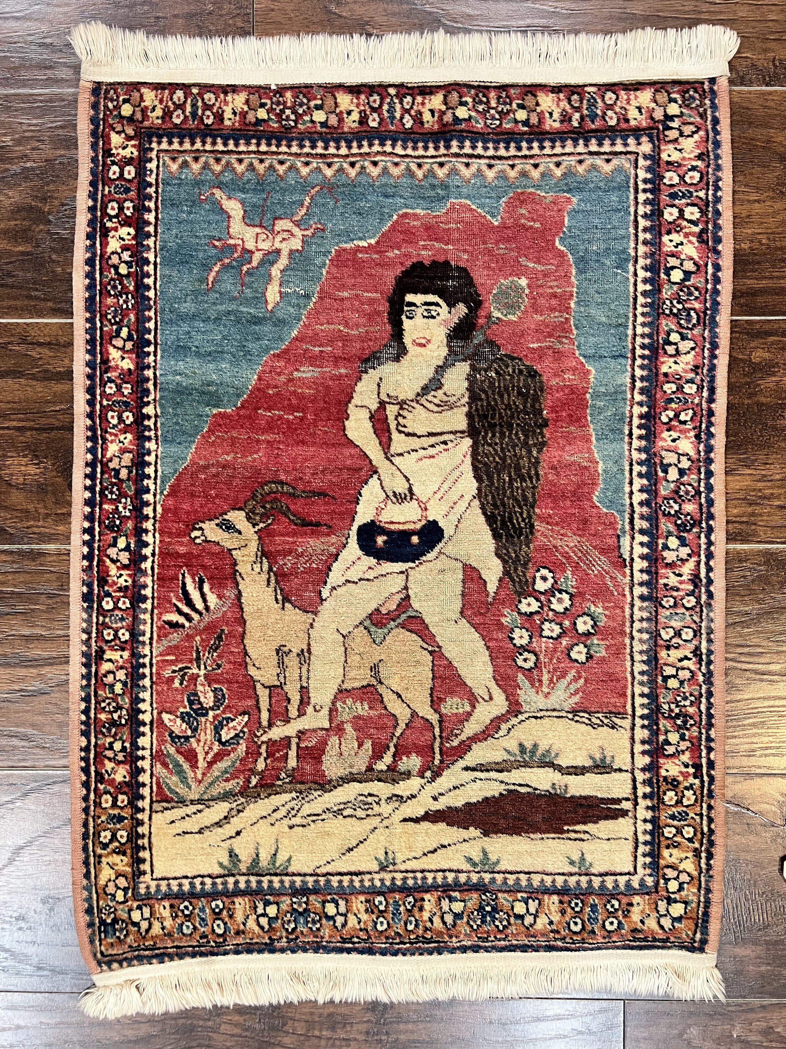 Antique Persian Kirman Rug 2 x 2.5, Small Hand Knotted Wool Carpet, Lavar Rug, Shepherd with Ram Pictorial Rug #1 - Jewel Rugs