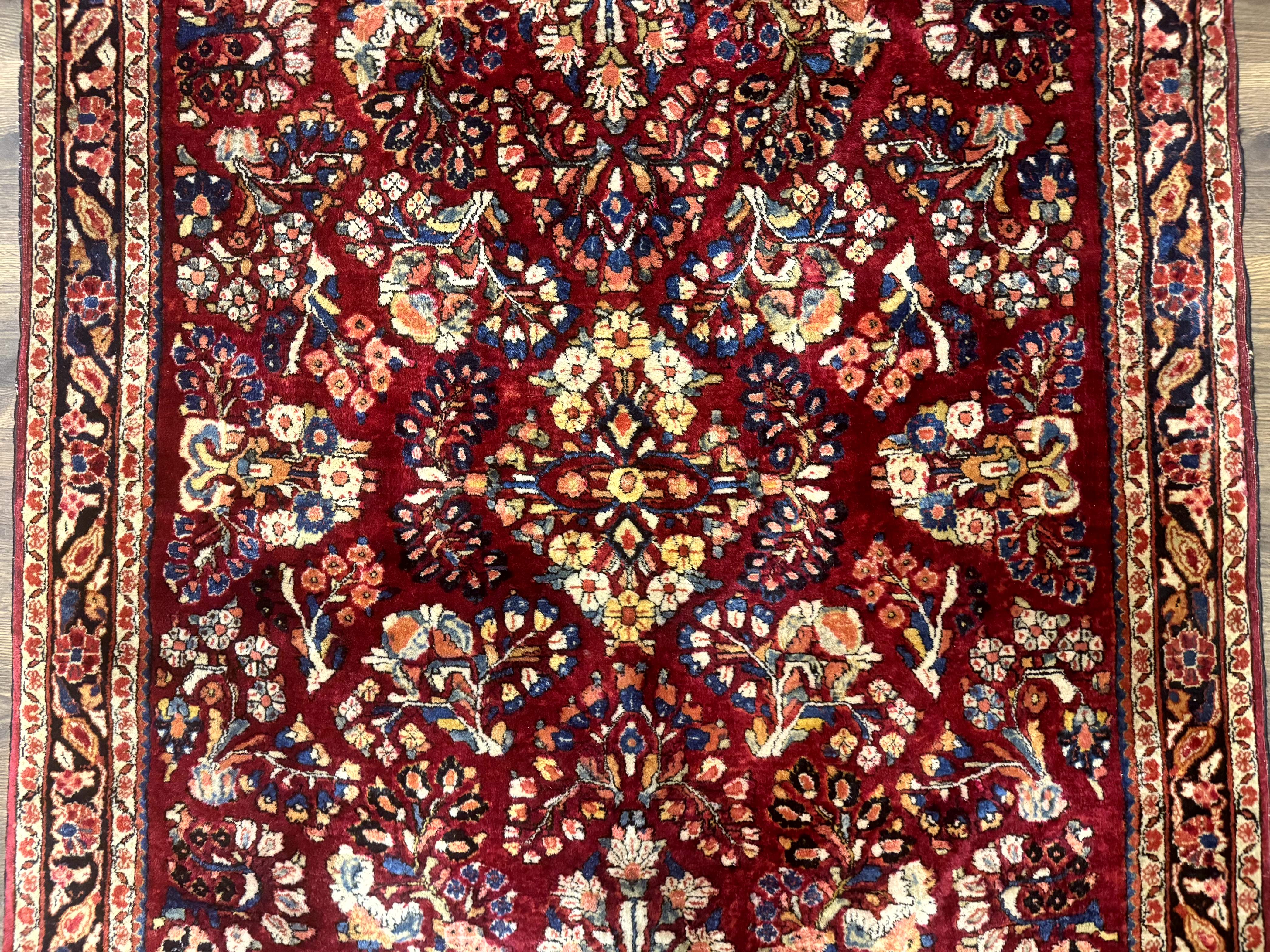 Antique Persian Sarouk Rug 4x6, Floral, Red, Wool Hand Knotted Fine 225 KPSI - Jewel Rugs