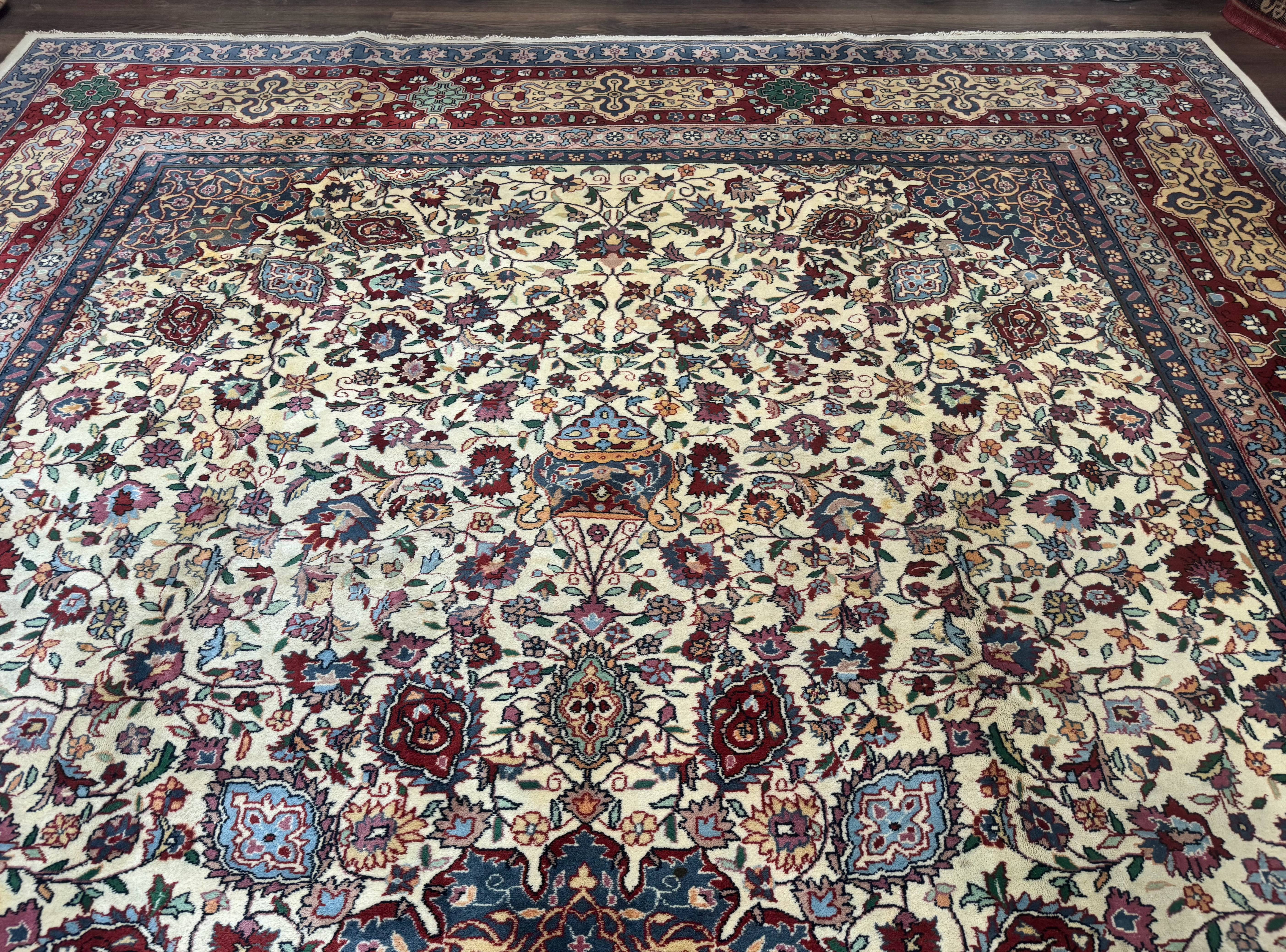 Persian Mashad Rug 10x16, Palace Size Handmade Wool Carpet, Cream Red, Floral Medallion, Vintage - Jewel Rugs