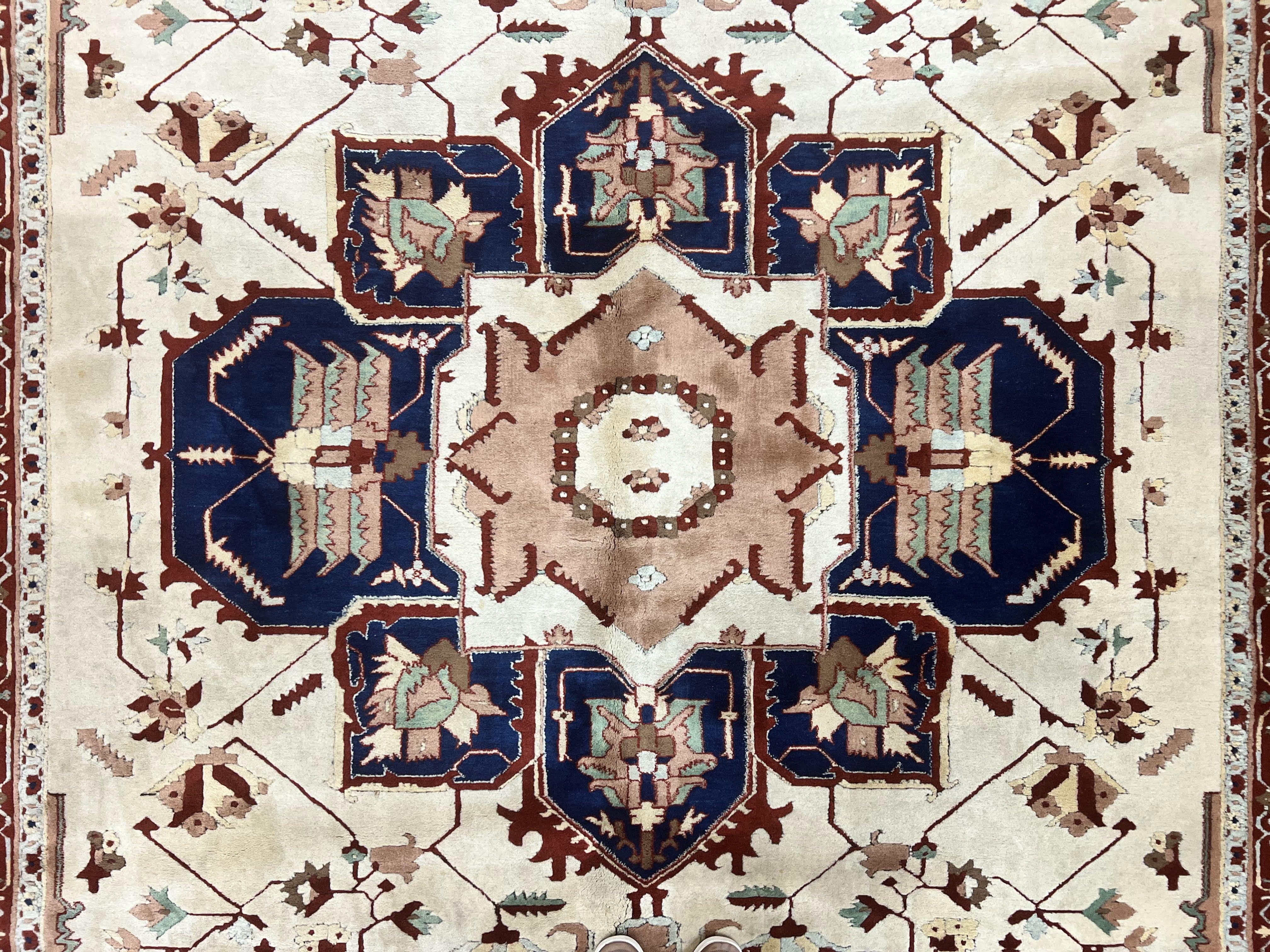 Indo Heriz Rug 9x12, Geometric Indo Persian Room Sized Decorative Area Rug 9 x 12 ft, Cream Navy Blue Pink Handmade Vintage Wool Carpet - Jewel Rugs