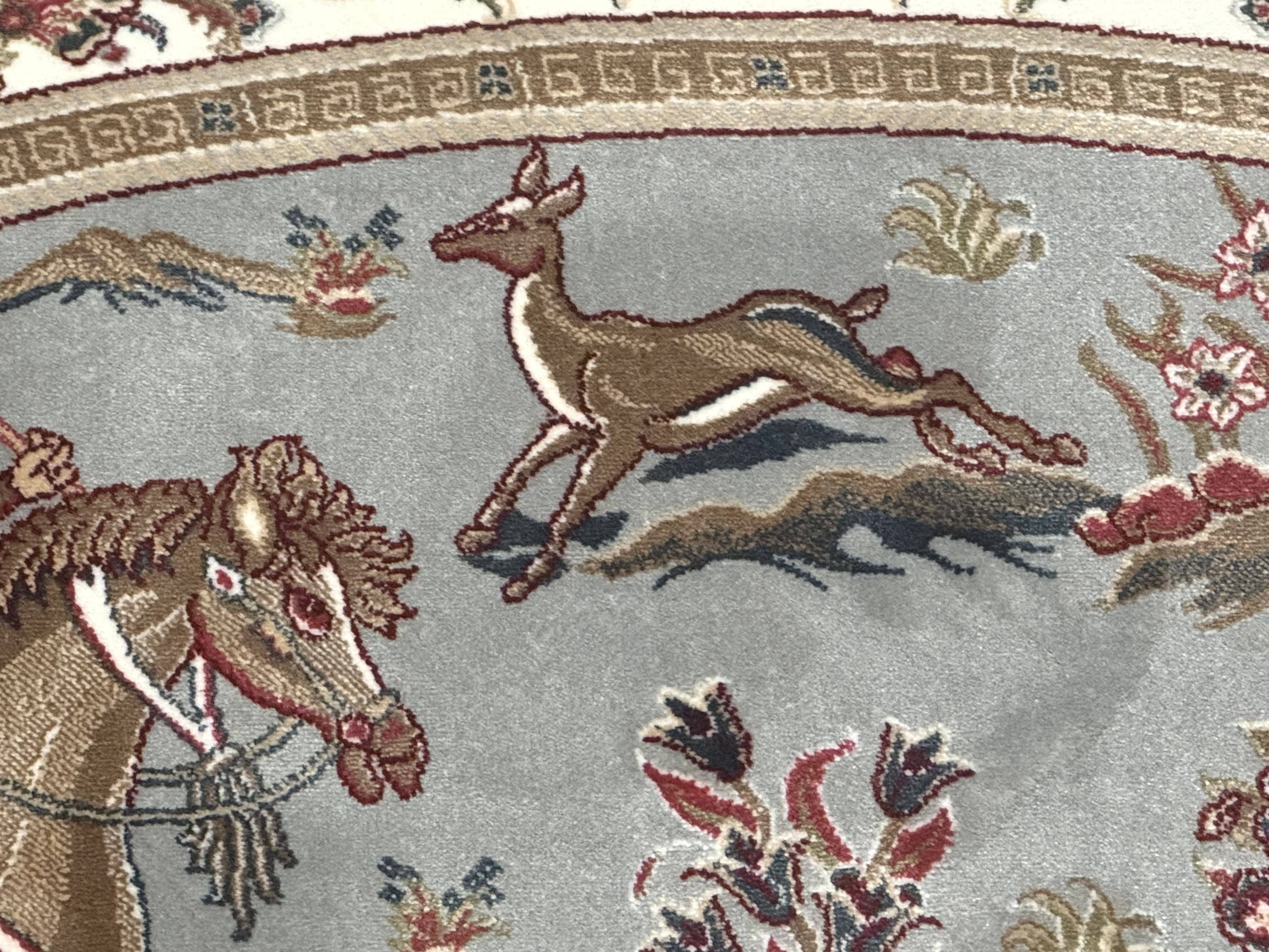 Round Silk Rug 6x6, Hunting Design, Bamboo Silk, Animal Pictorials - Jewel Rugs