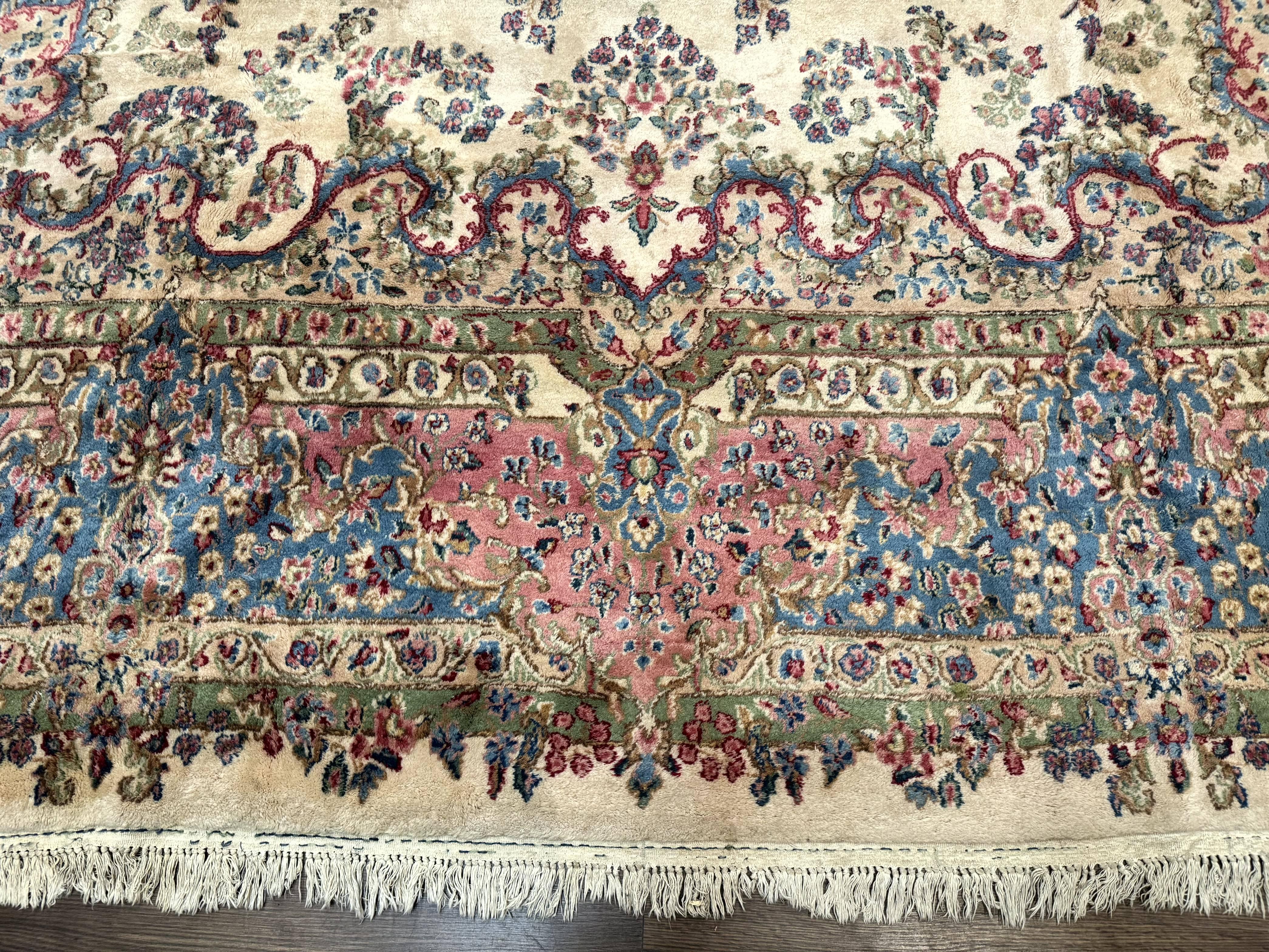 Palace Size Persian Kerman Rug 11x20 ft, Very Fine 340 KPSI, Vintage Oversized Wool Handmade Large Persian Carpet, Beige Light Blue Pink - Jewel Rugs