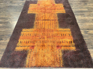 Rya Shag Rug 6x9, Finnish Rya Carpet, Mid Century Vintage Rug, Modern Abstract Design, Orange Brown, Wool Pile