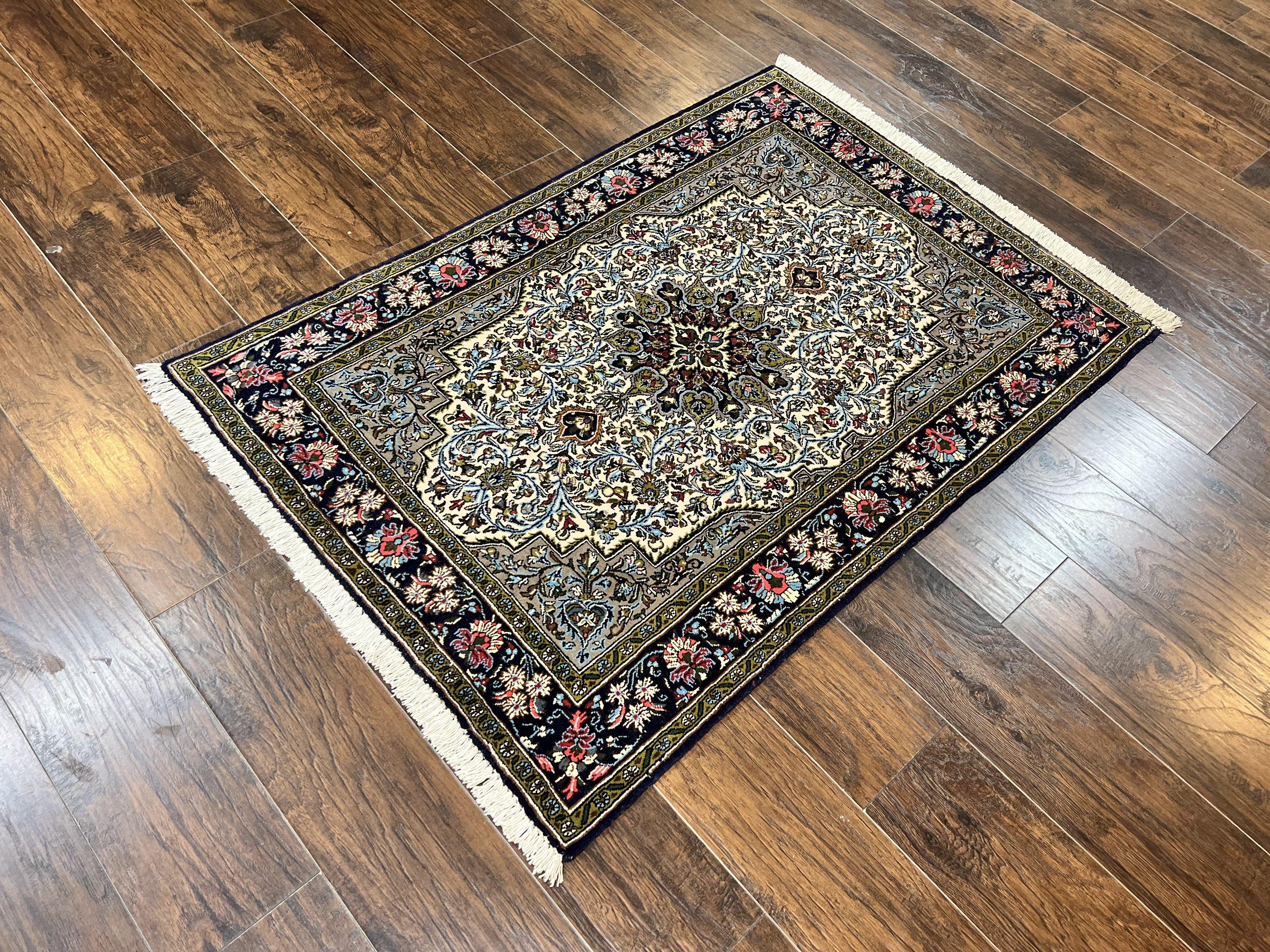 Persian Qum Rug 3x5, Wool with Silk Highlights, Handmade Semi Antique Carpet, Ivory & Navy Blue, Floral Medallion, Finely Hand Knotted - Jewel Rugs
