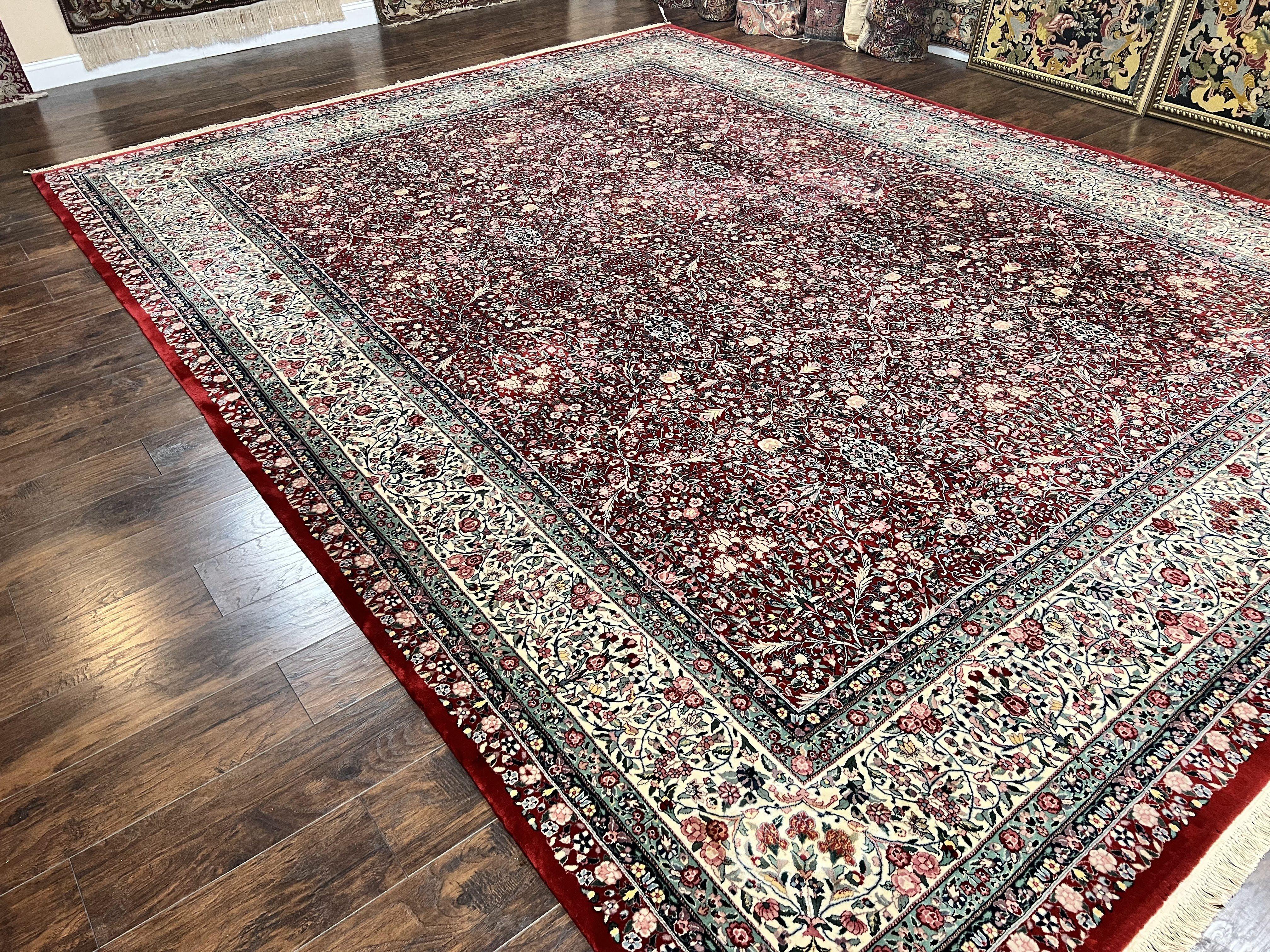 Pak Persian Rug 11x15, Wool & Silk Highlights Hand Knotted Vintage Carpet, Red Cream, Floral Allover, Oversized Kirman Rug - Jewel Rugs