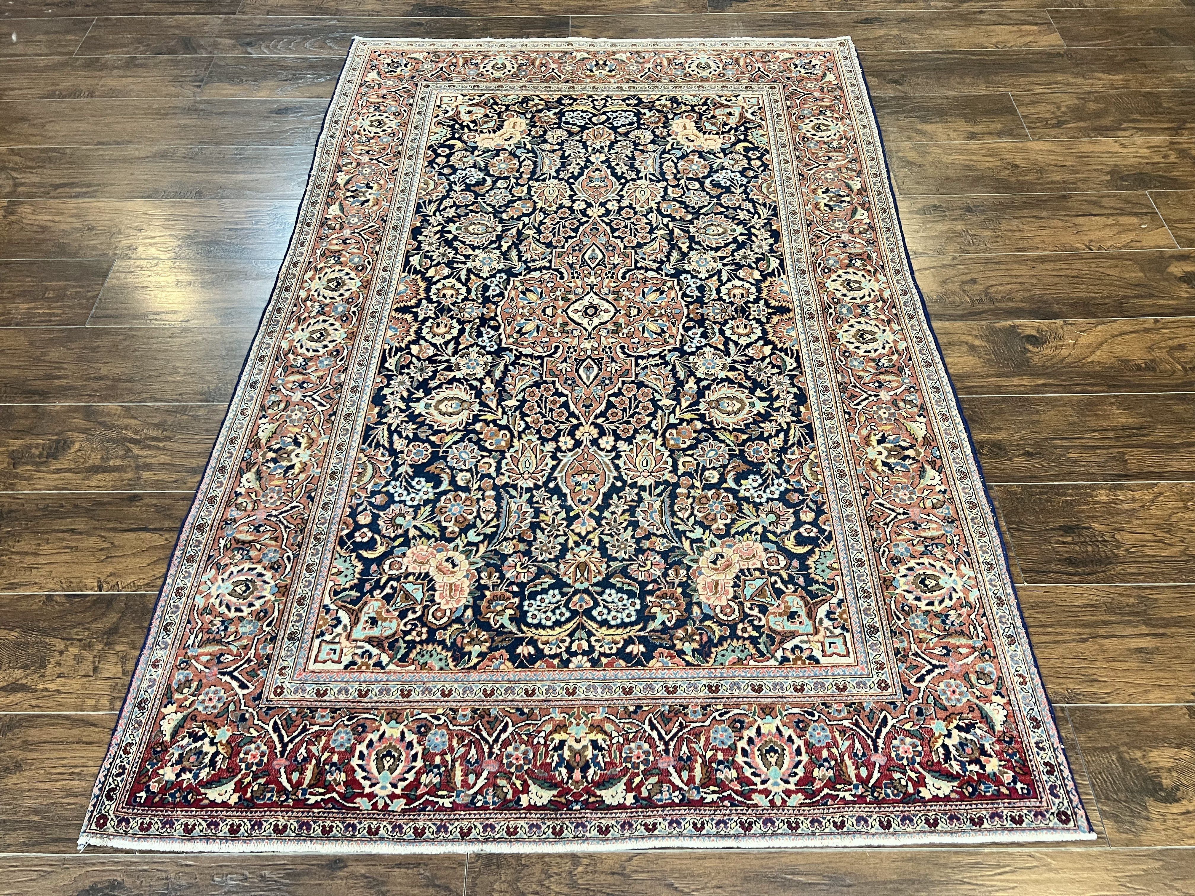 Persian Kashan Rug 4x7, Floral Medallion Vintage Handmade Hand Knotted Navy Blue & Red Wool Oriental Carpet, Highly Detailed Semi Antique Rug - Jewel Rugs