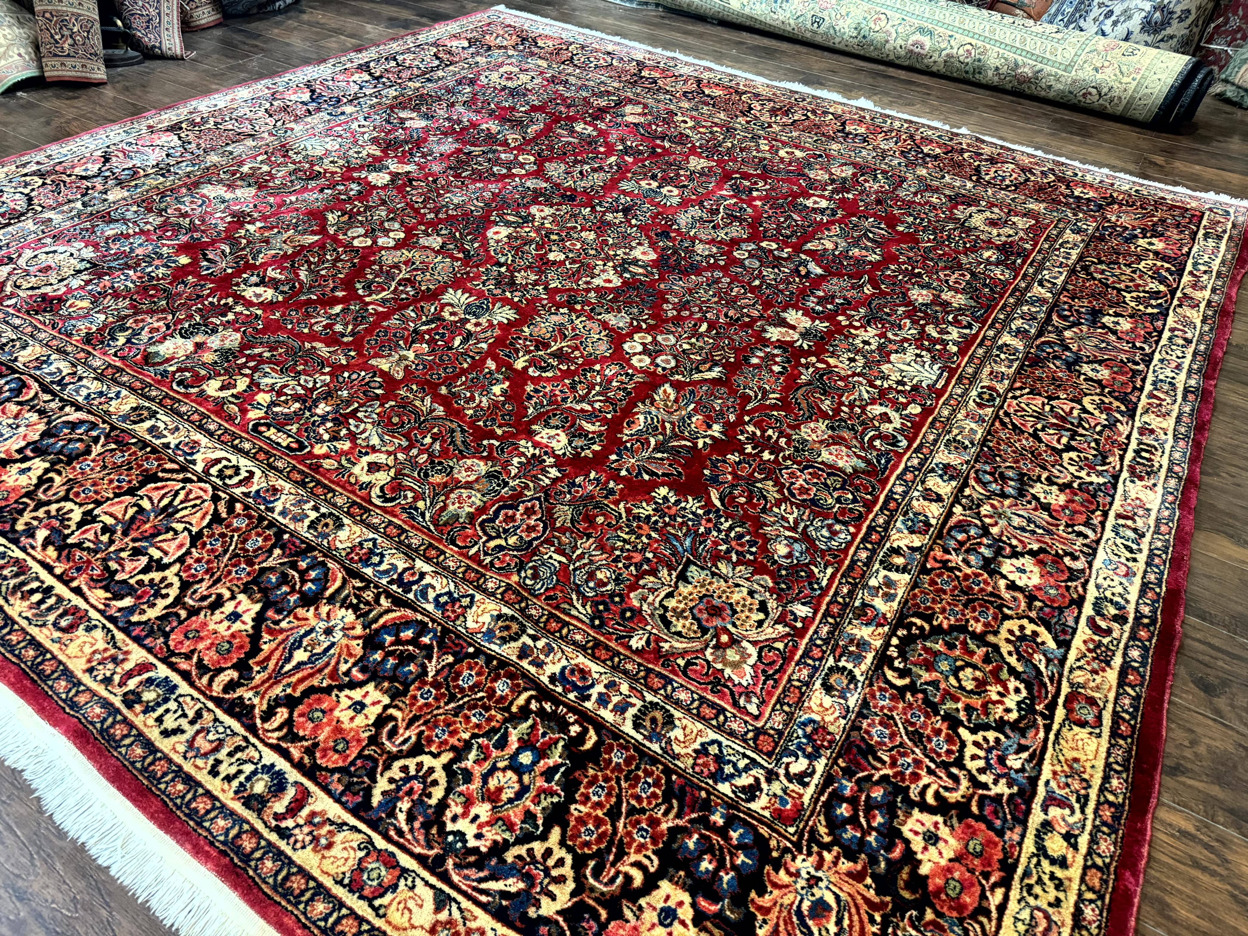Persian Sarouk Rug 10x10, Square Persian Carpet, Red, Floral, Antique - Jewel Rugs