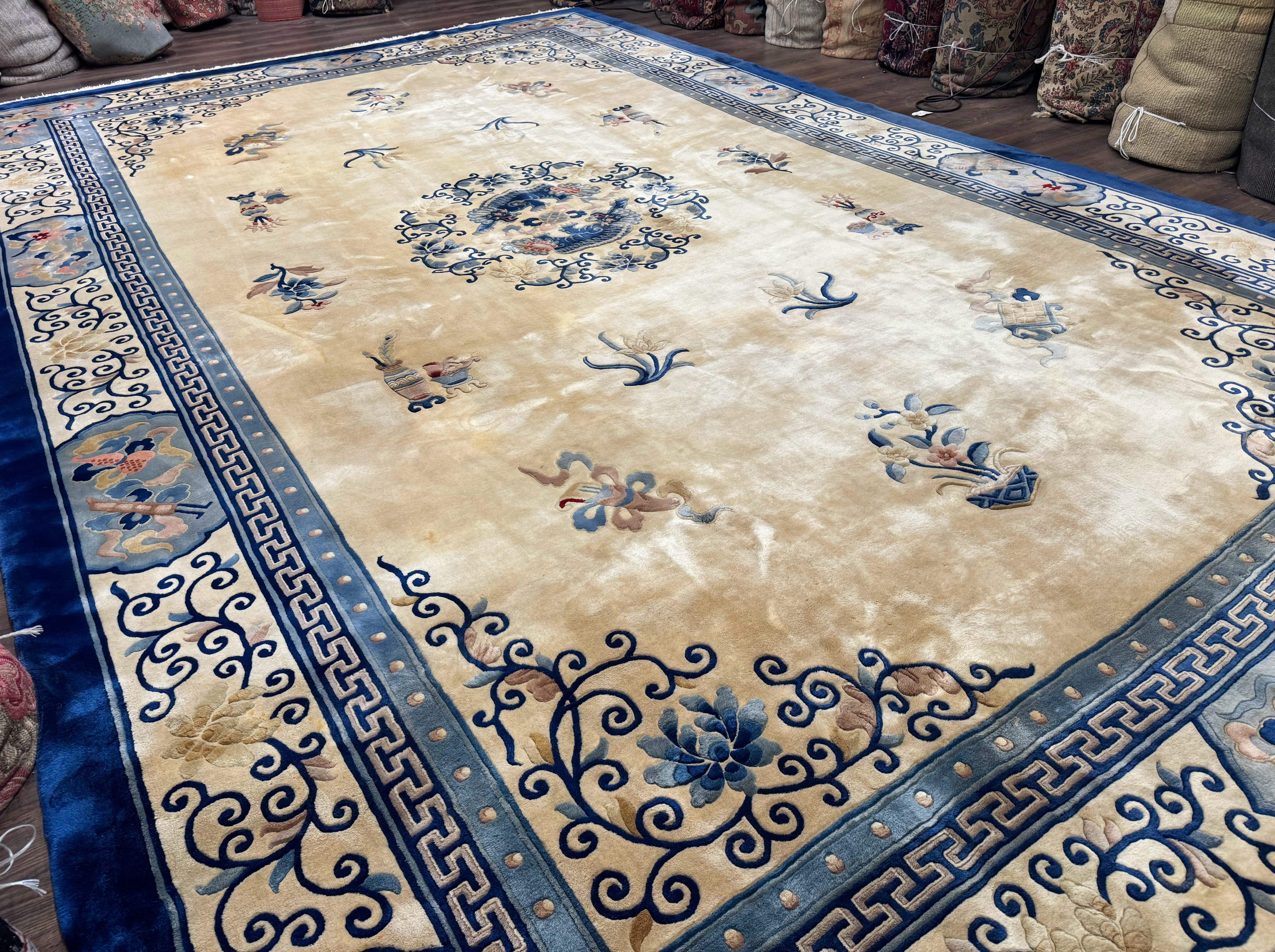 Palace Size Chinese Wool Rug 12x19 – Ivory and Blue, Dragons, Vintage Carpet - Jewel Rugs