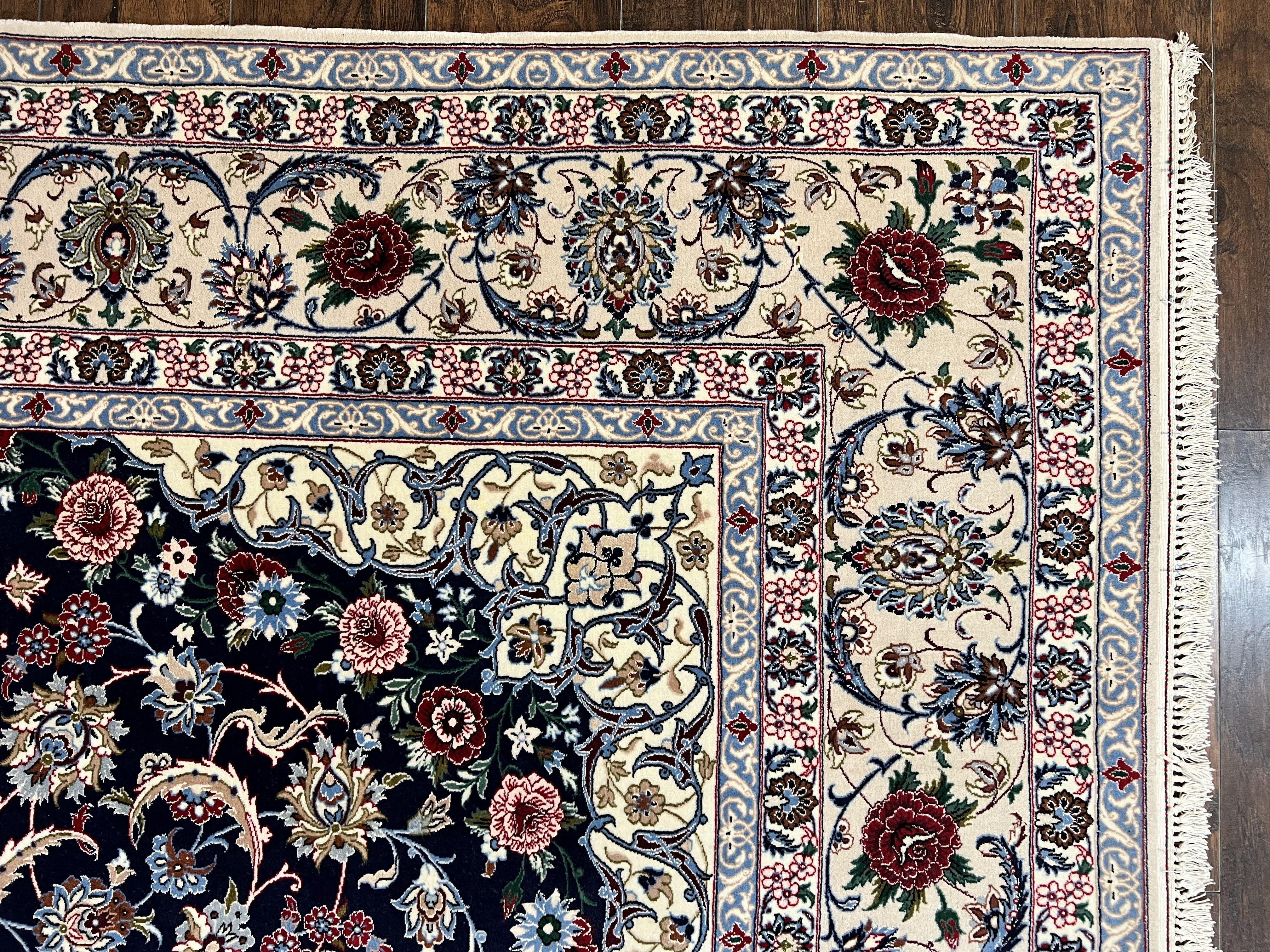 Marvelous Persian Isfahan Rug 7x10, Super Fine Hand Knotted Wool Oriental Carpet 7 x 10 ft, Navy Blue Ivory, Floral Medallion, Semi Antique Vintage - Jewel Rugs