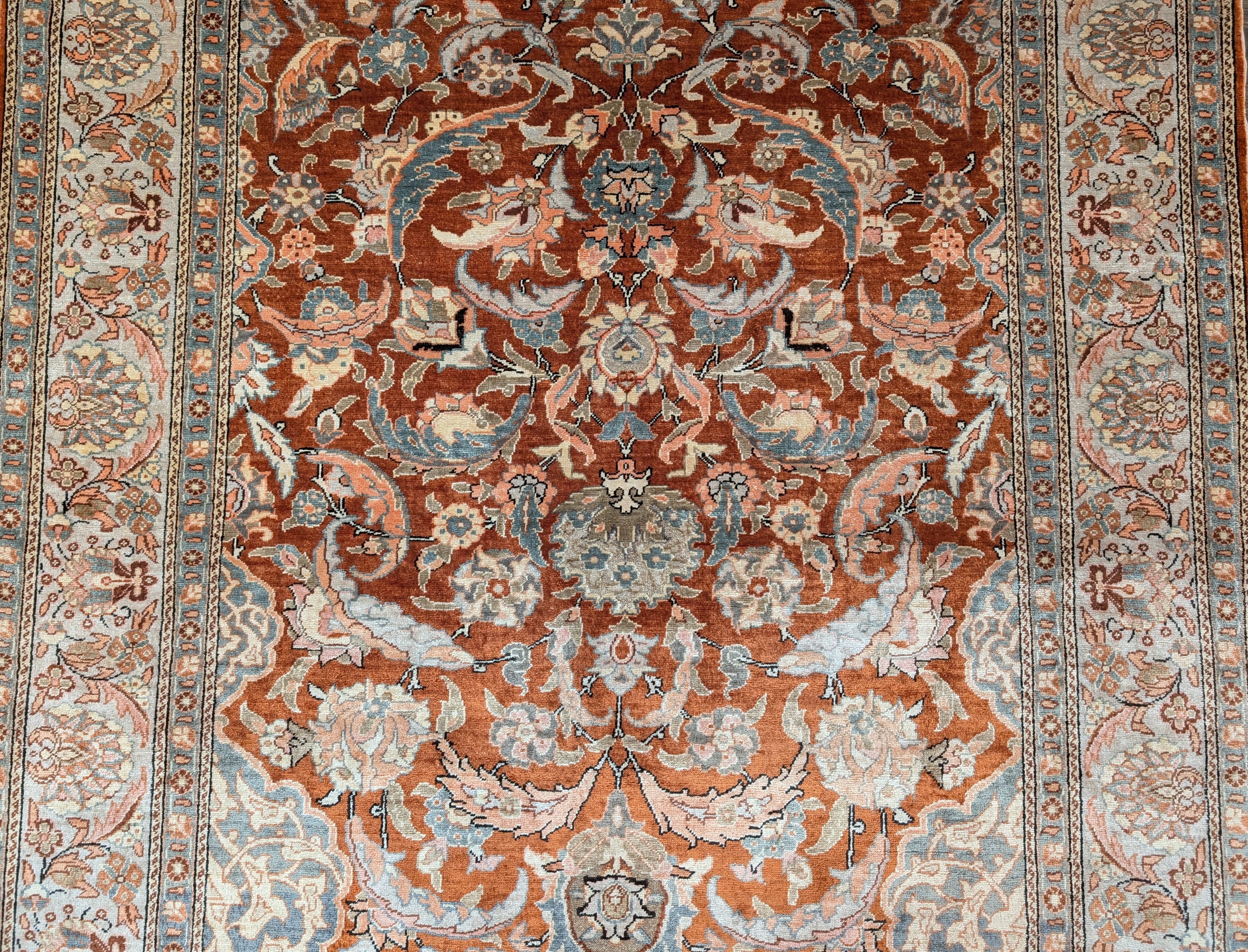 Silk Turkish Hereke Rug 3x5, Fine Hand-Knotted Silk Carpet, Rust Red & Green - Jewel Rugs