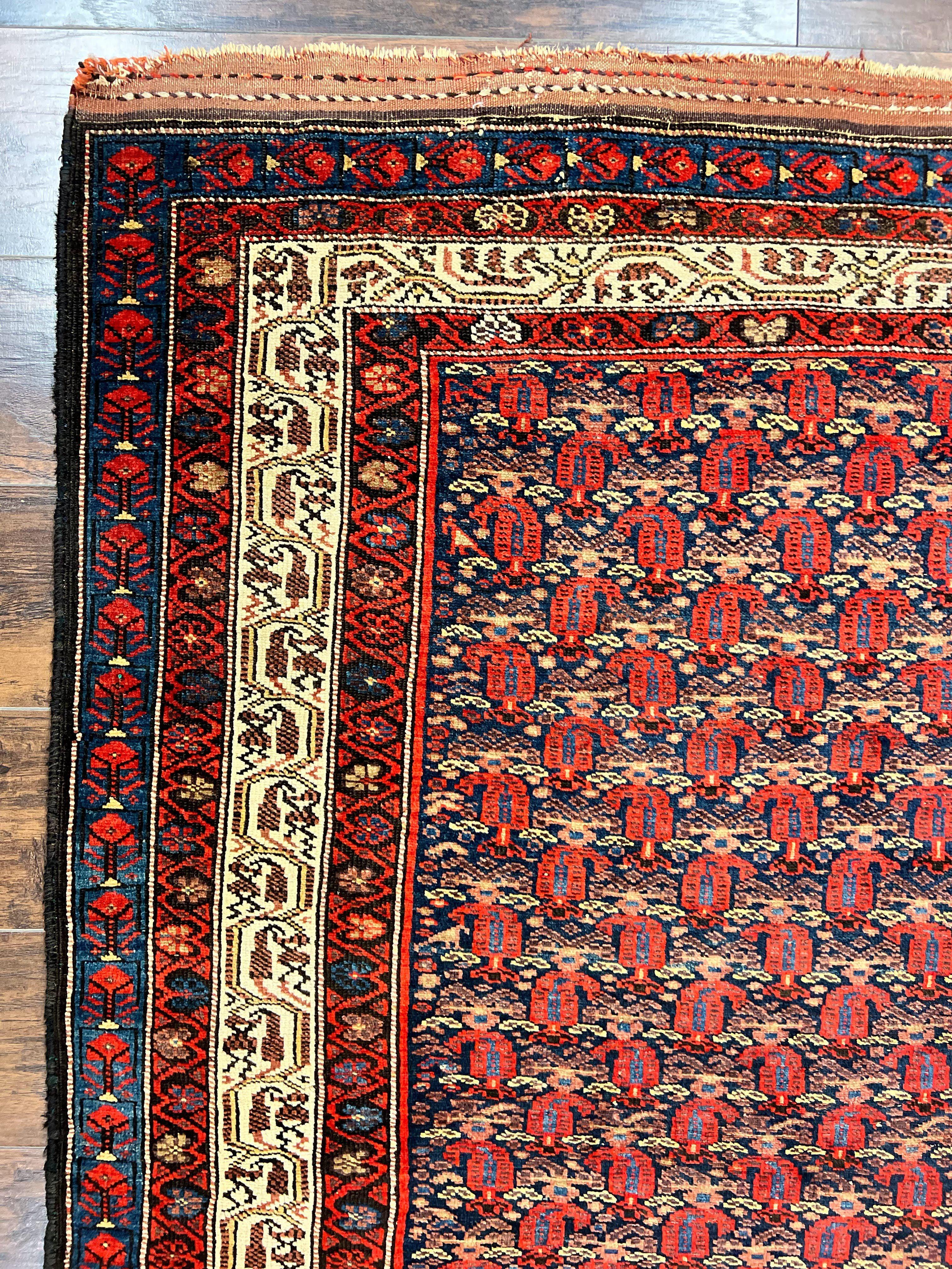 Persian Kurdish Rug 5x6, Wool Hand Knotted Vintage Carpet, Red Blue Cream, Boteh Paisley Pattern, 5 x 6 Medium Sized Oriental Rug - Jewel Rugs