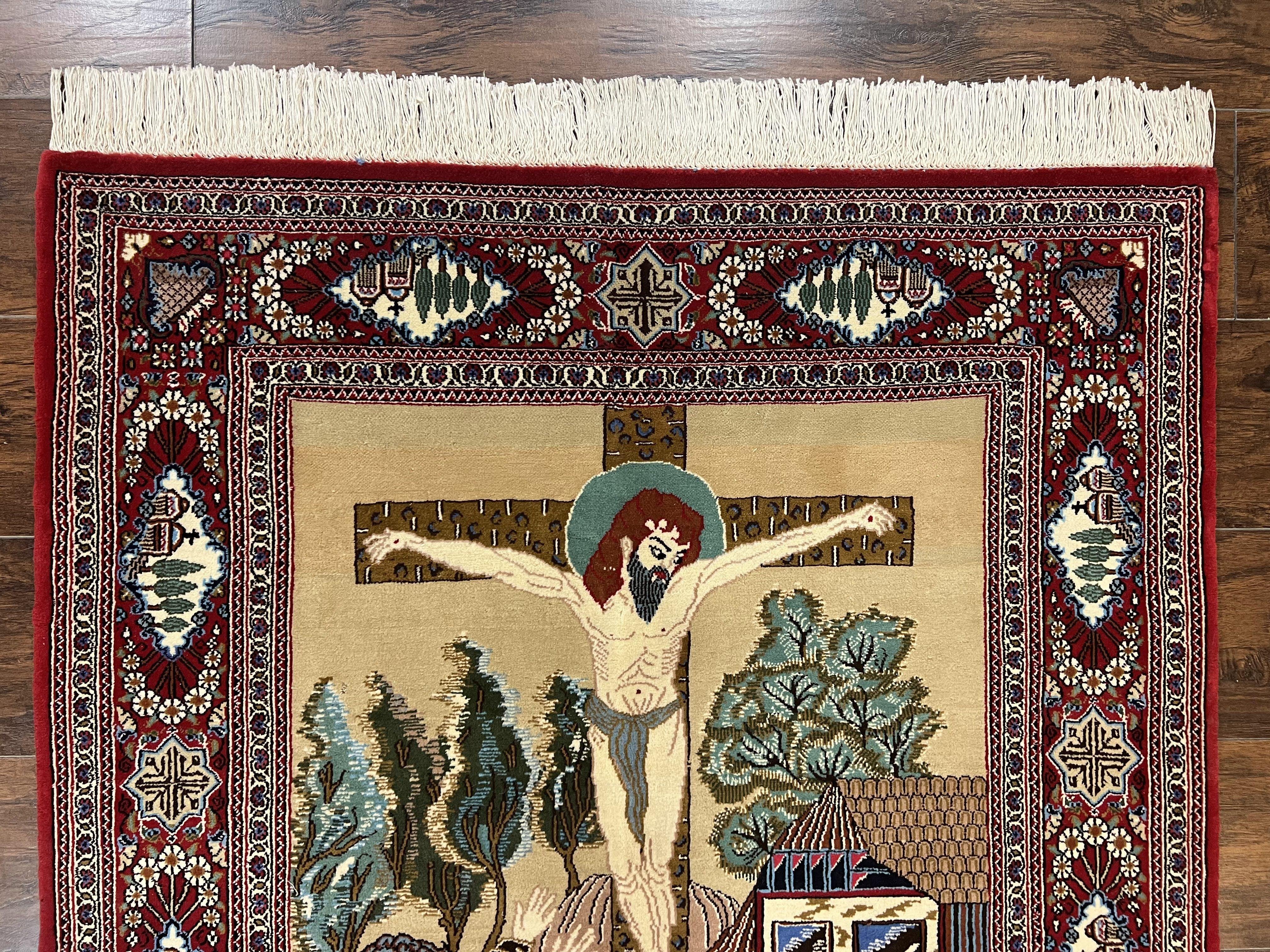 Persian Kashan Pictorial Rug 3x5 - Jesus on Cross - Jewel Rugs