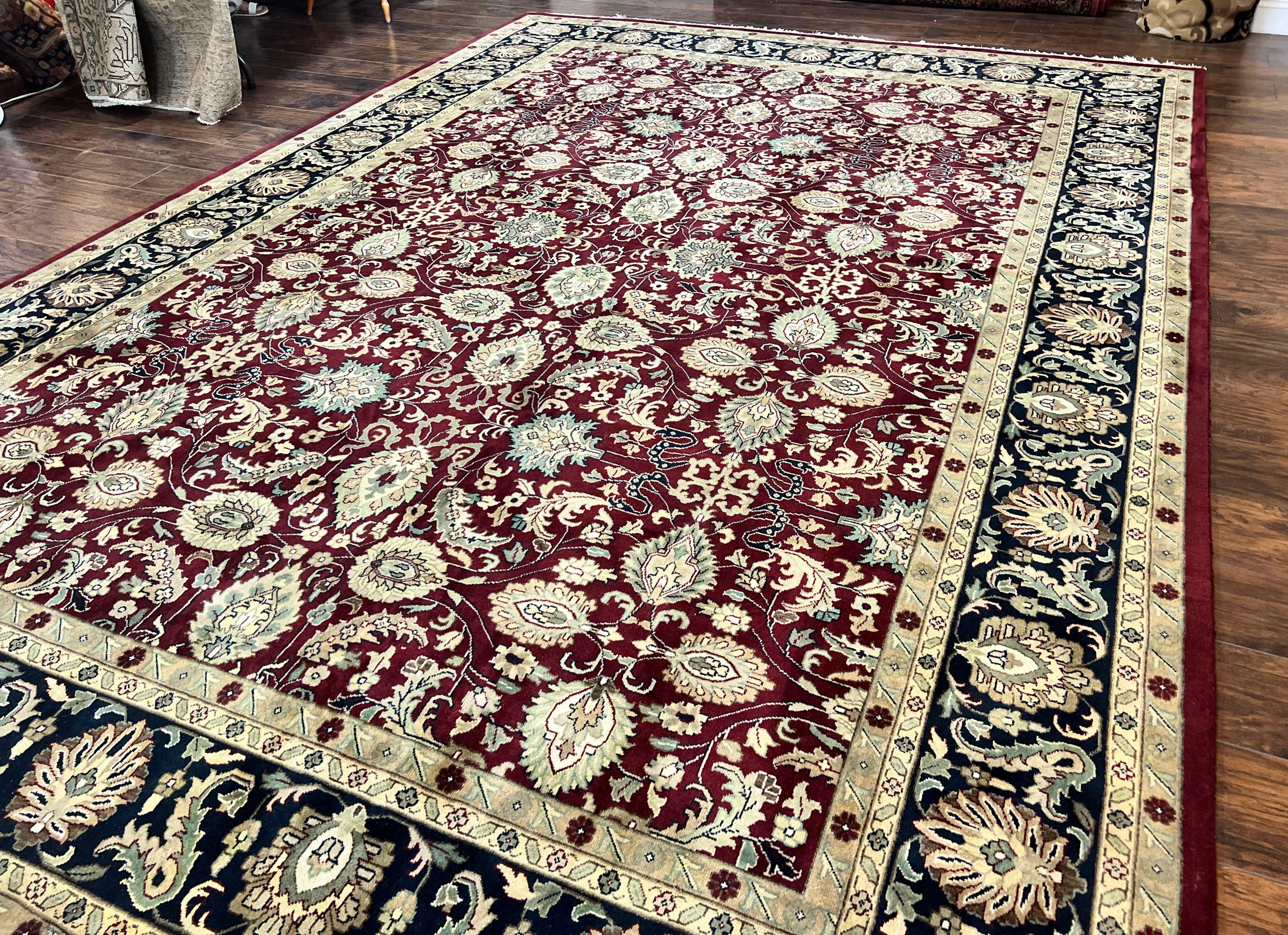 Indo Persian Rug 10x14, Floral Allover, Maroon, Handmade Hand Knotted VIntage Wool Rug, Large Oriental Carpet - Jewel Rugs