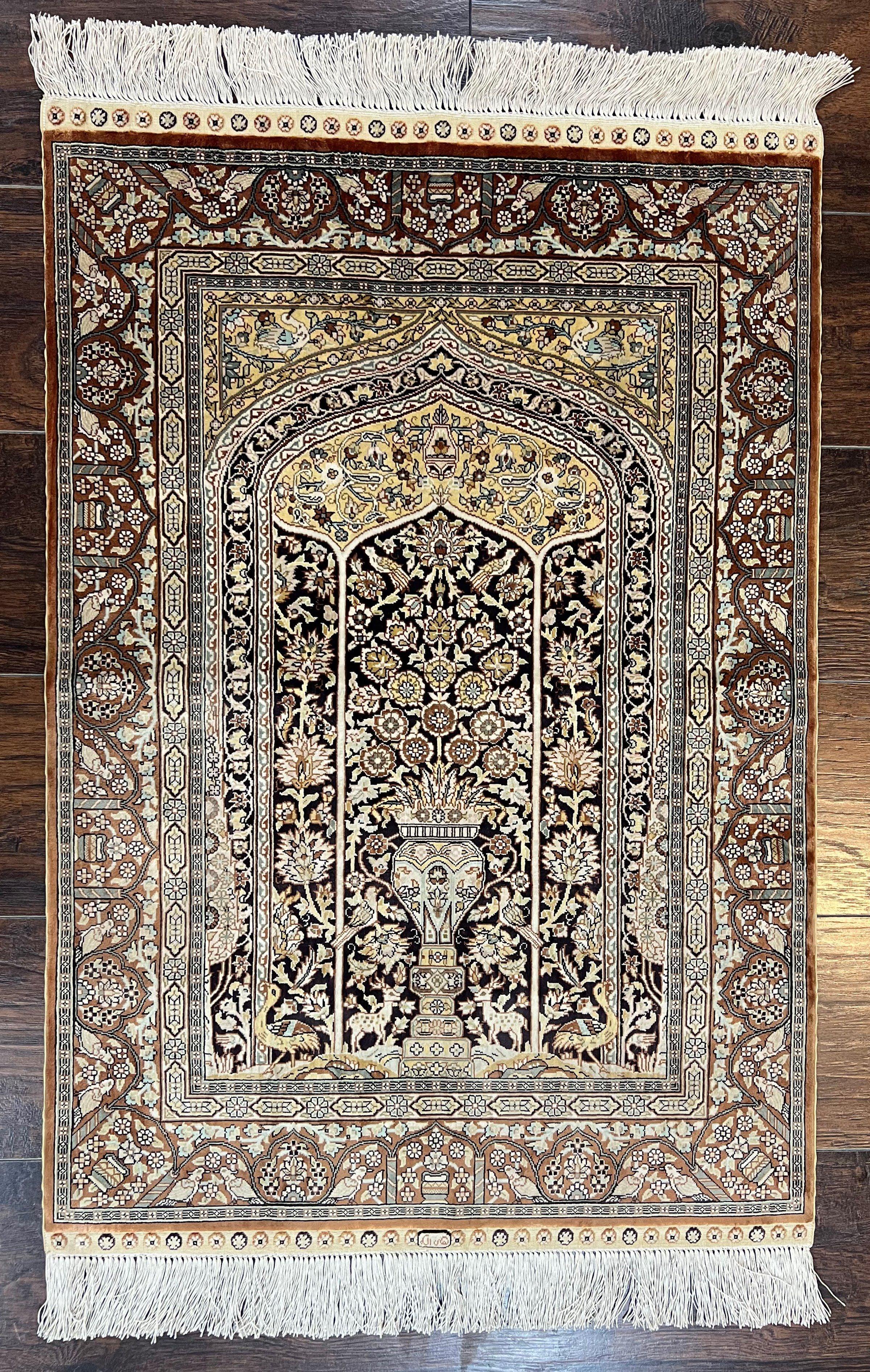 Turkish Silk Hereke Rug 2x3, Floral Vase Tree of Life Birds, Silk Pile on Silk Foundation, Vintage Oriental Carpet, Very Fine, Signature - Jewel Rugs