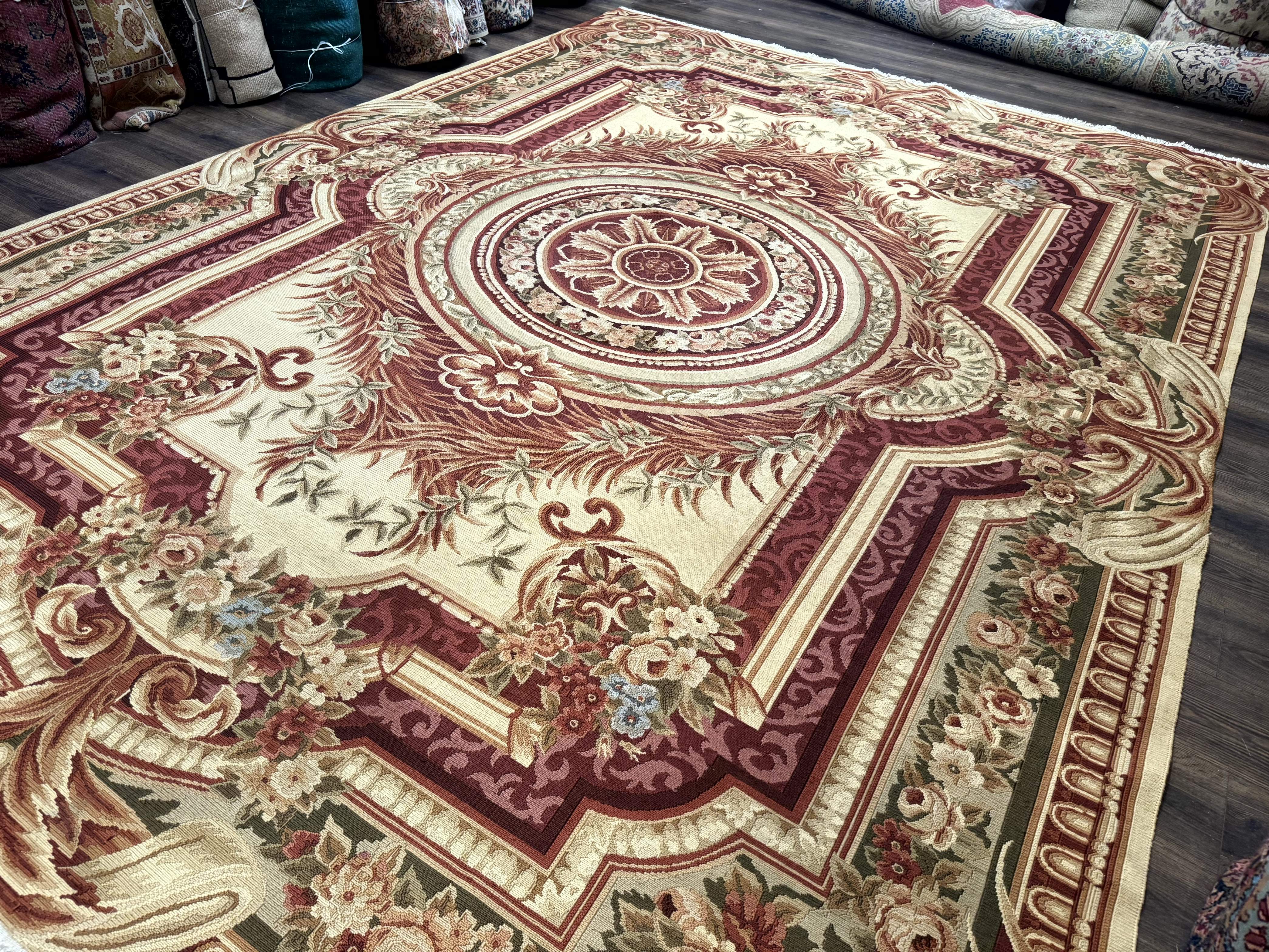 Large Aubusson Rug 10x13, Thick Flatweave Carpet, Elegant European Design, Cream and Raspberry - Jewel Rugs