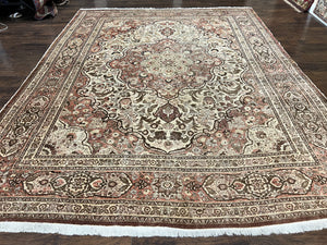 Antique Persian Tabriz Rug 10x12, Wool Hand Knotted Oriental Carpet, Beige Light Red, Floral Medallion