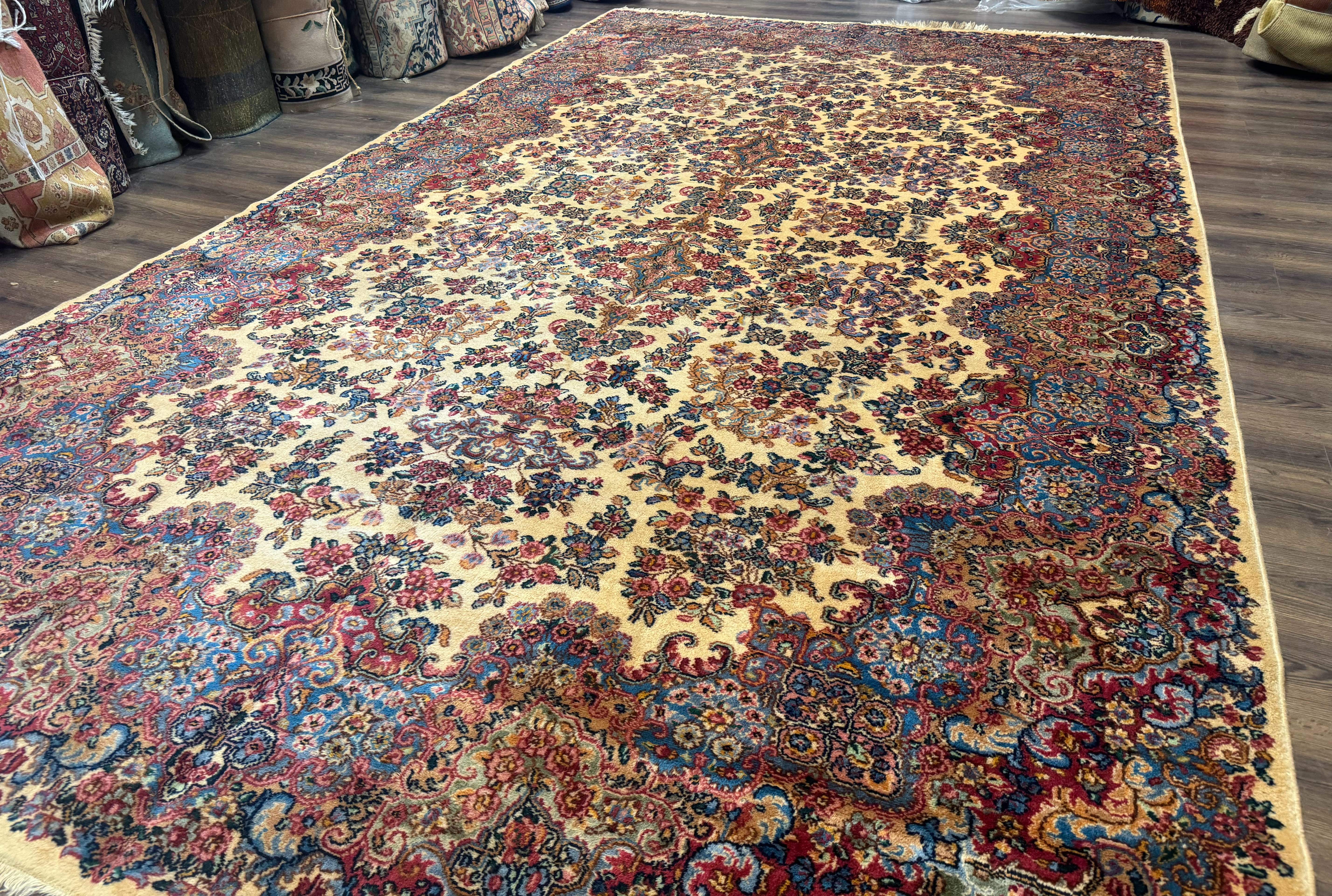 Karastan Kirman Rug 9x15, Large Palace Sized Wool Antique Karastan Lanamar Carpet #5530, Ivory - Jewel Rugs