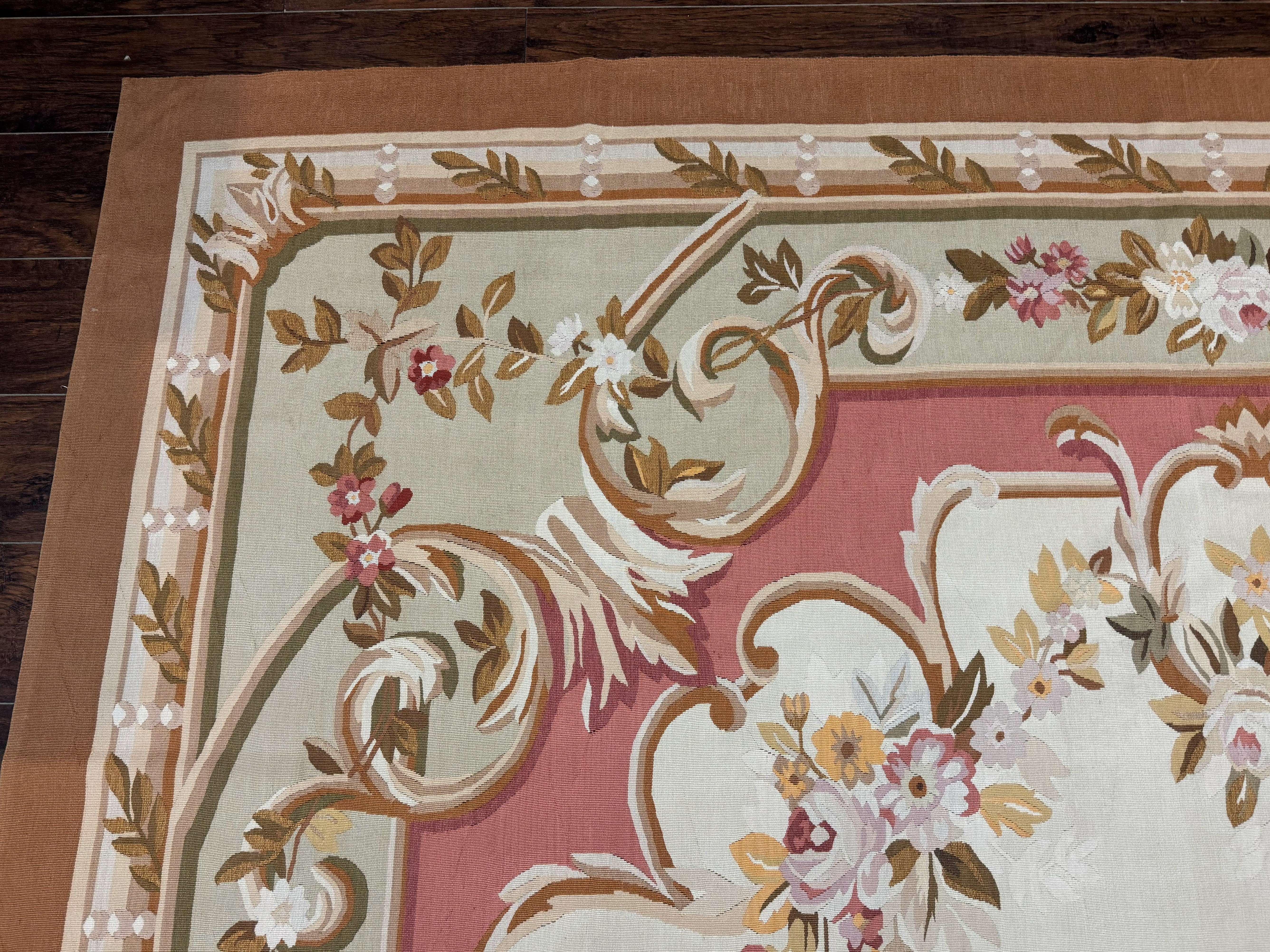 French Aubusson Rug 10x14, Vintage Flatweave European Handmade Carpet, Ivory LIght Blue Pink, Large Aubusson Rug - Jewel Rugs