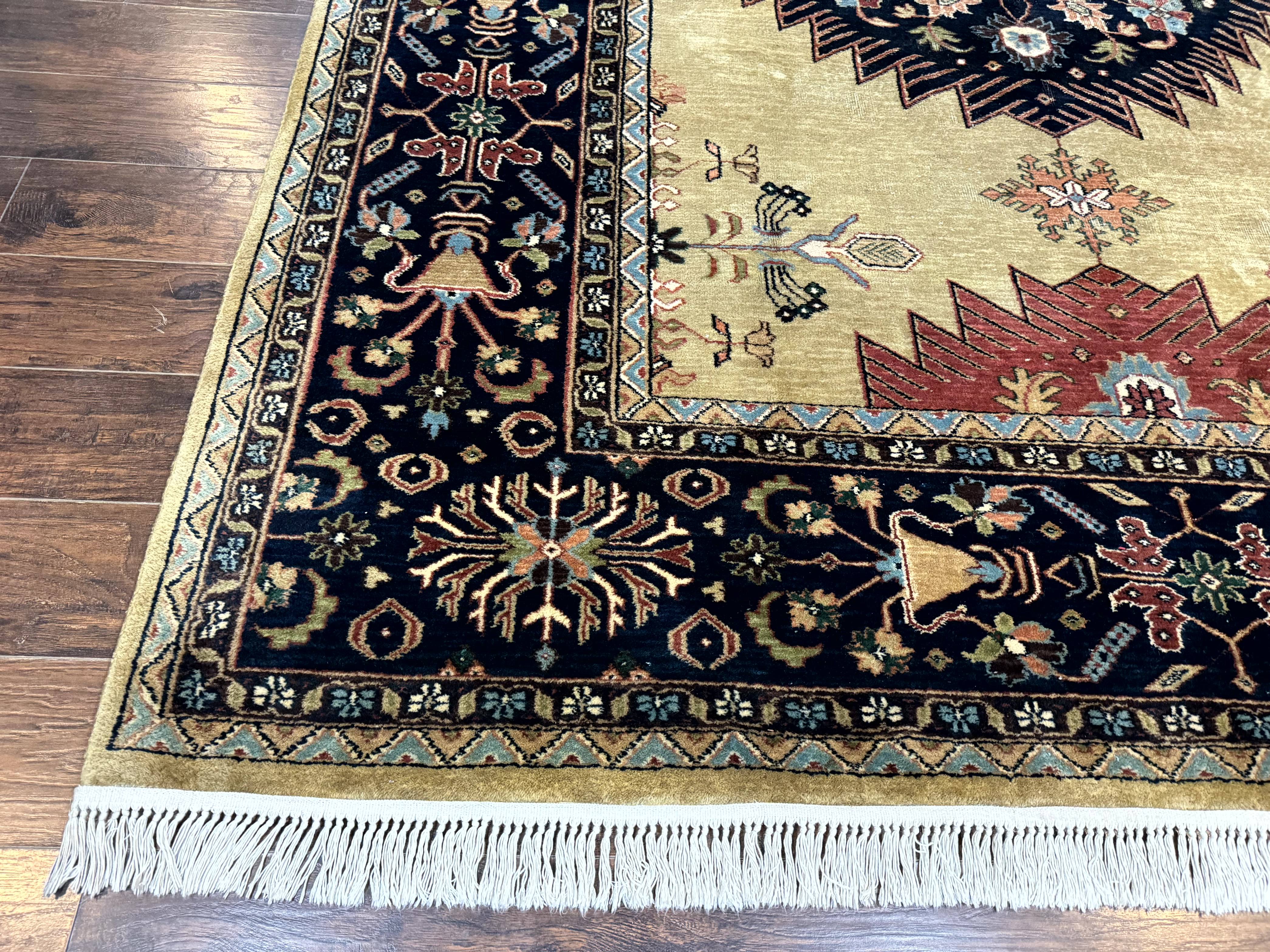 Indo Persian Heriz Rug 8x12, Camel Hair Tan and Navy Blue, Decorative - Jewel Rugs