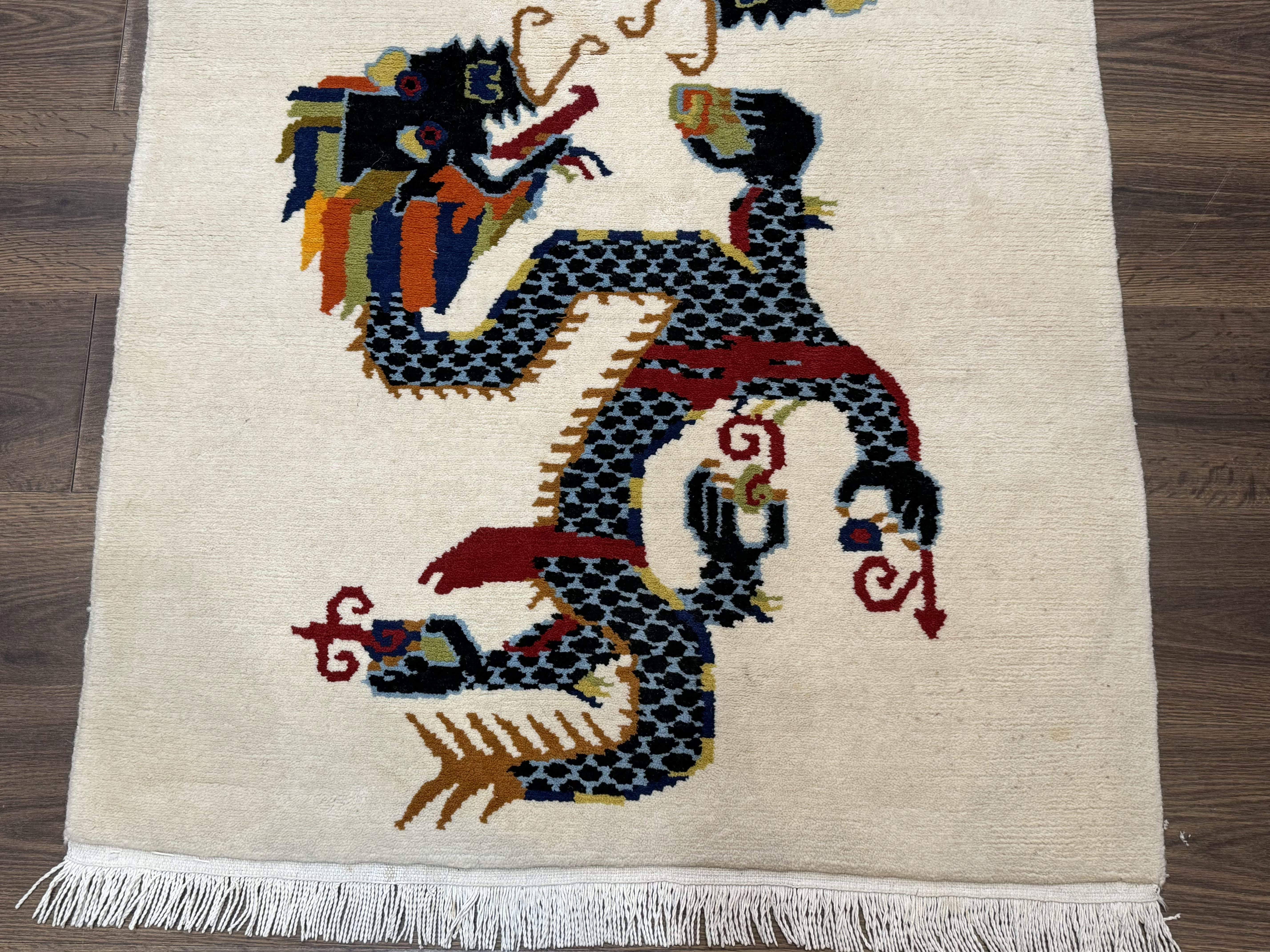 Chinese Double Dragon Rug 3x5 – Ivory, Hand-Knotted Wool Vintage - Jewel Rugs