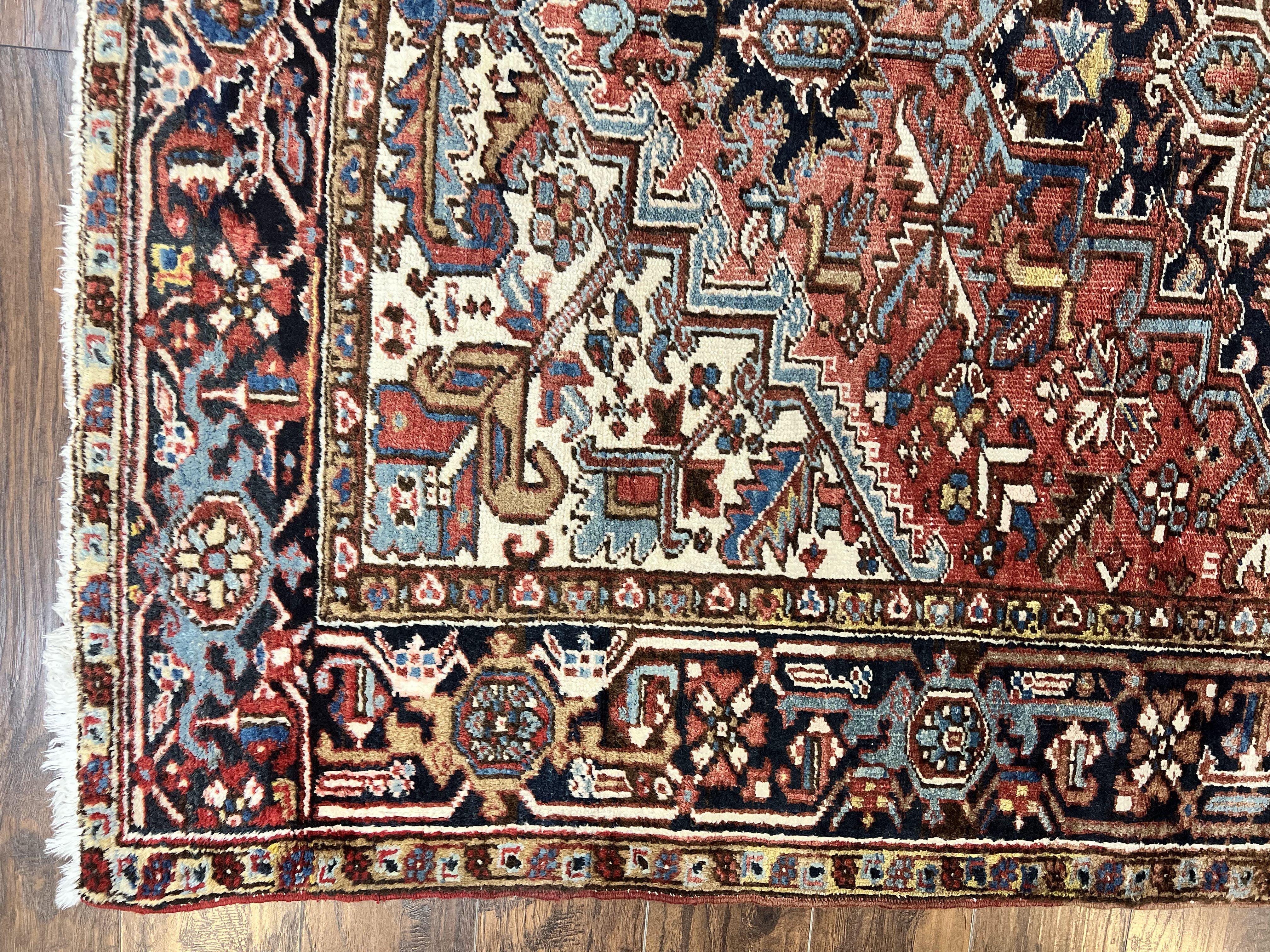 Antique Persian Heriz Rug 6x8, Geometric Medallion, 1920s Oriental Carpet, Handmade Wool Rug - Jewel Rugs