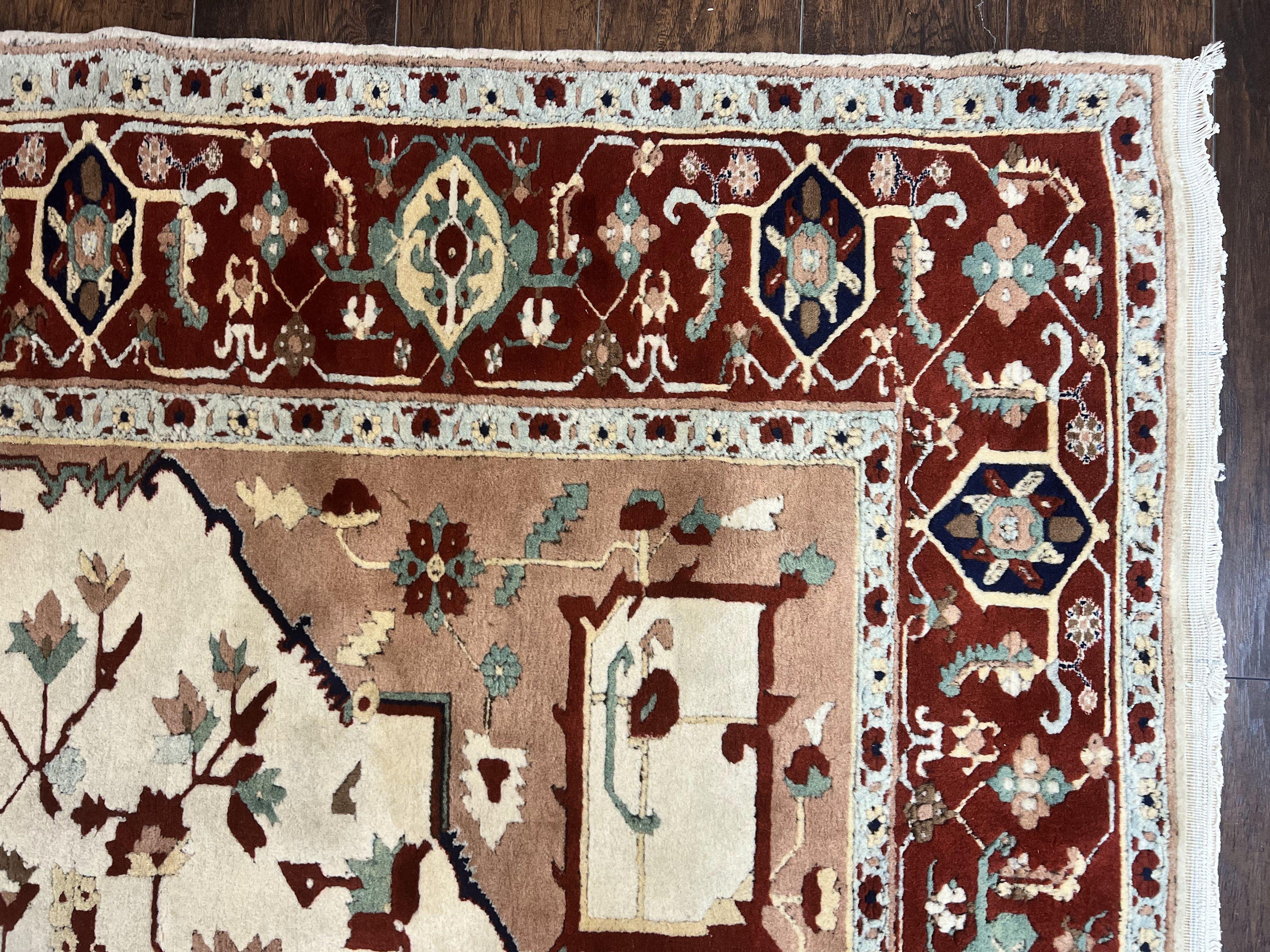 Indo Heriz Rug 9x12, Geometric Indo Persian Room Sized Decorative Area Rug 9 x 12 ft, Cream Navy Blue Pink Handmade Vintage Wool Carpet - Jewel Rugs