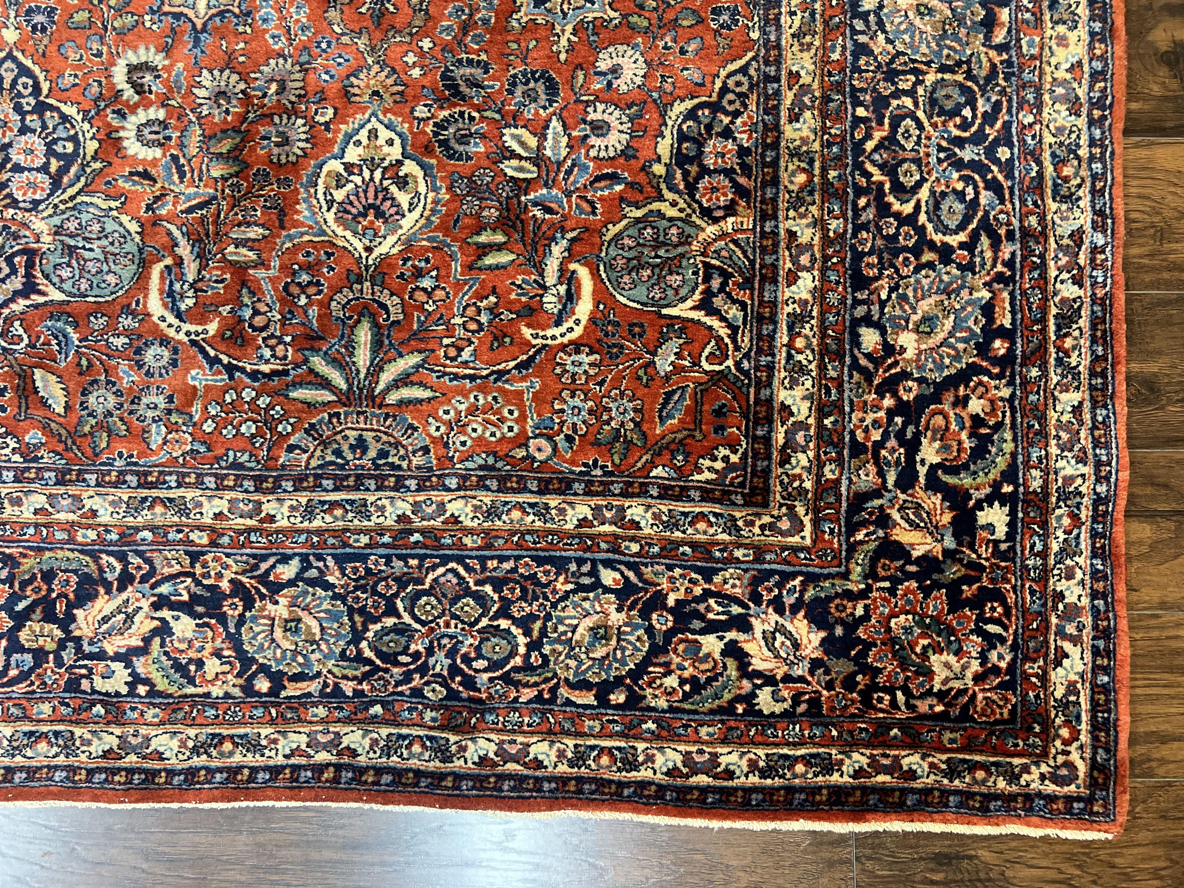 Persian Sarouk Rug 9x12, Red and Dark Blue Floral Allover Antique Persian Carpet, Handmade Wool Qazvin Rug - Jewel Rugs