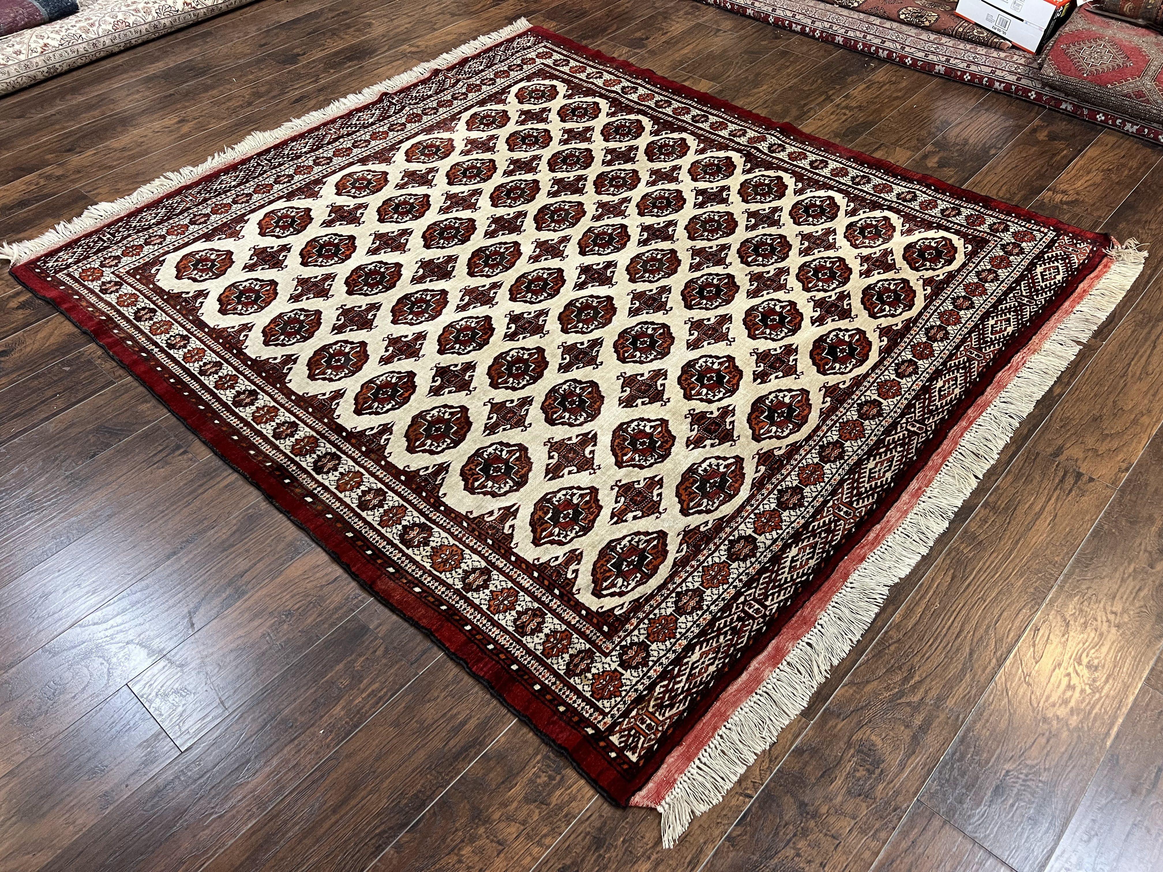 Persian Turkoman Rug 7x8, Almost Square Rare, Hand Knotted, Yamud, Bohemian Rug, Handmade Tribal Rug, Cream Red, Handmade Oriental Carpet - Jewel Rugs