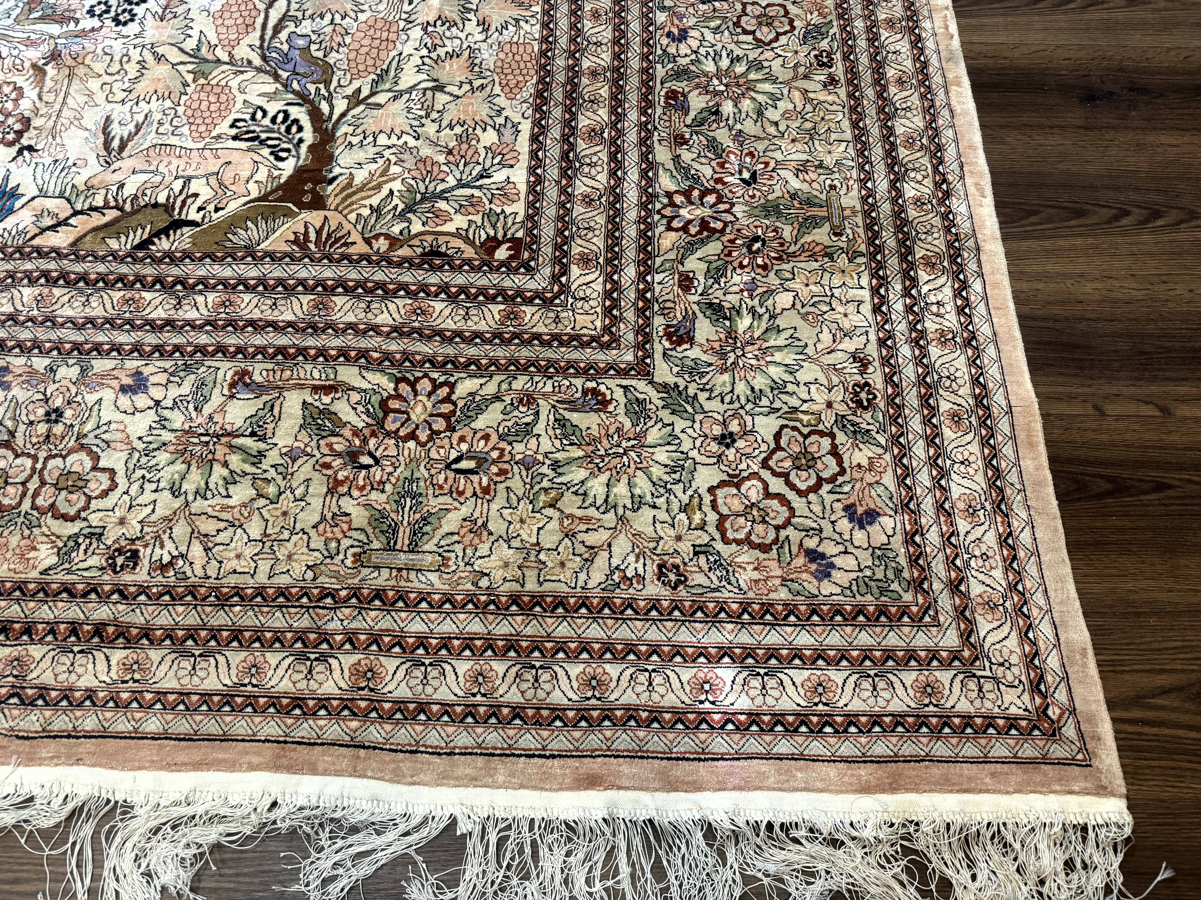 Indian Kashmiri Rug 9x14 Tree of Life Silk on Silk Animal Pictorials - Jewel Rugs