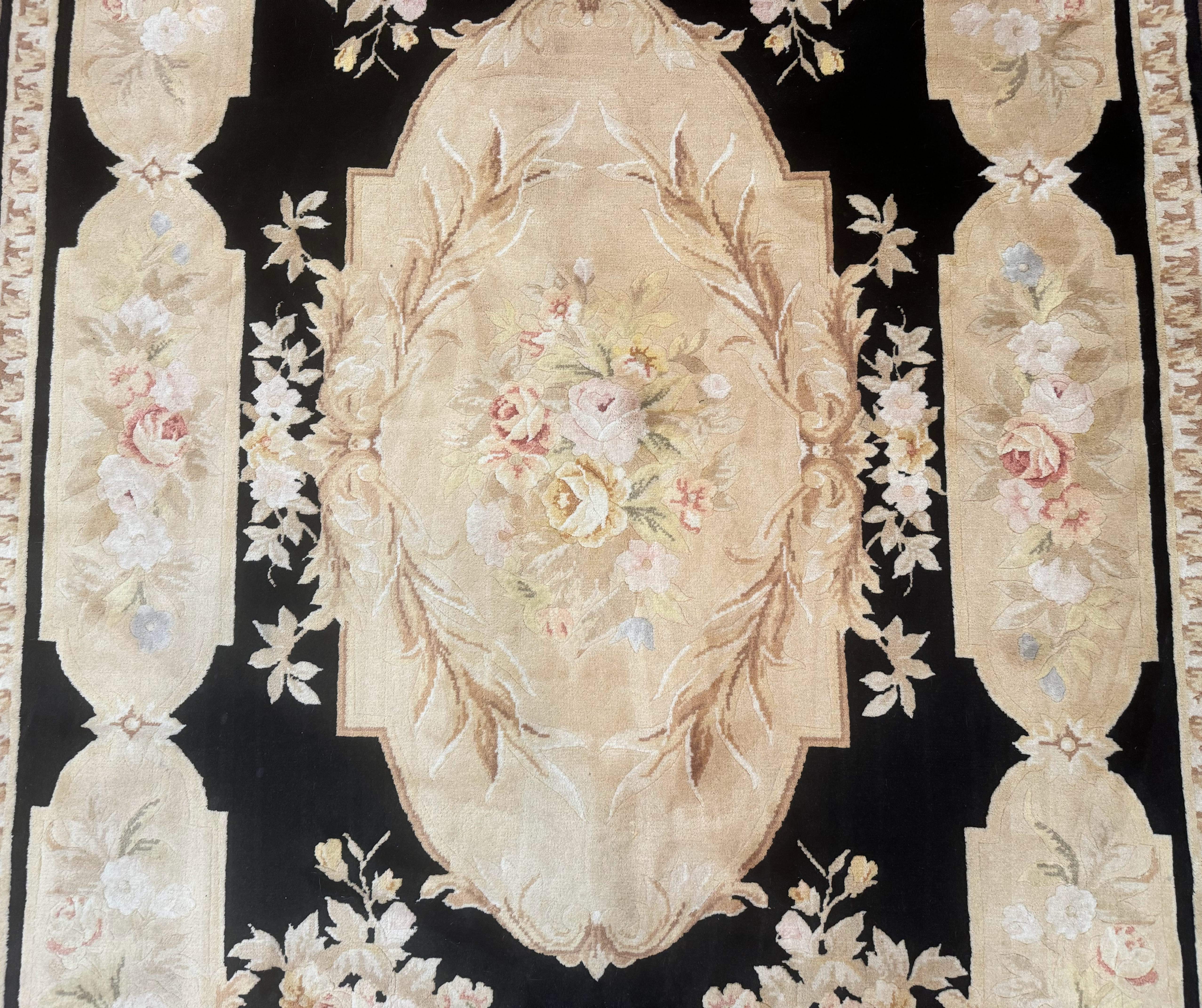Chinese Aubusson Rug 6x9, Wool Pile, Black, Floral, Elegant - Jewel Rugs