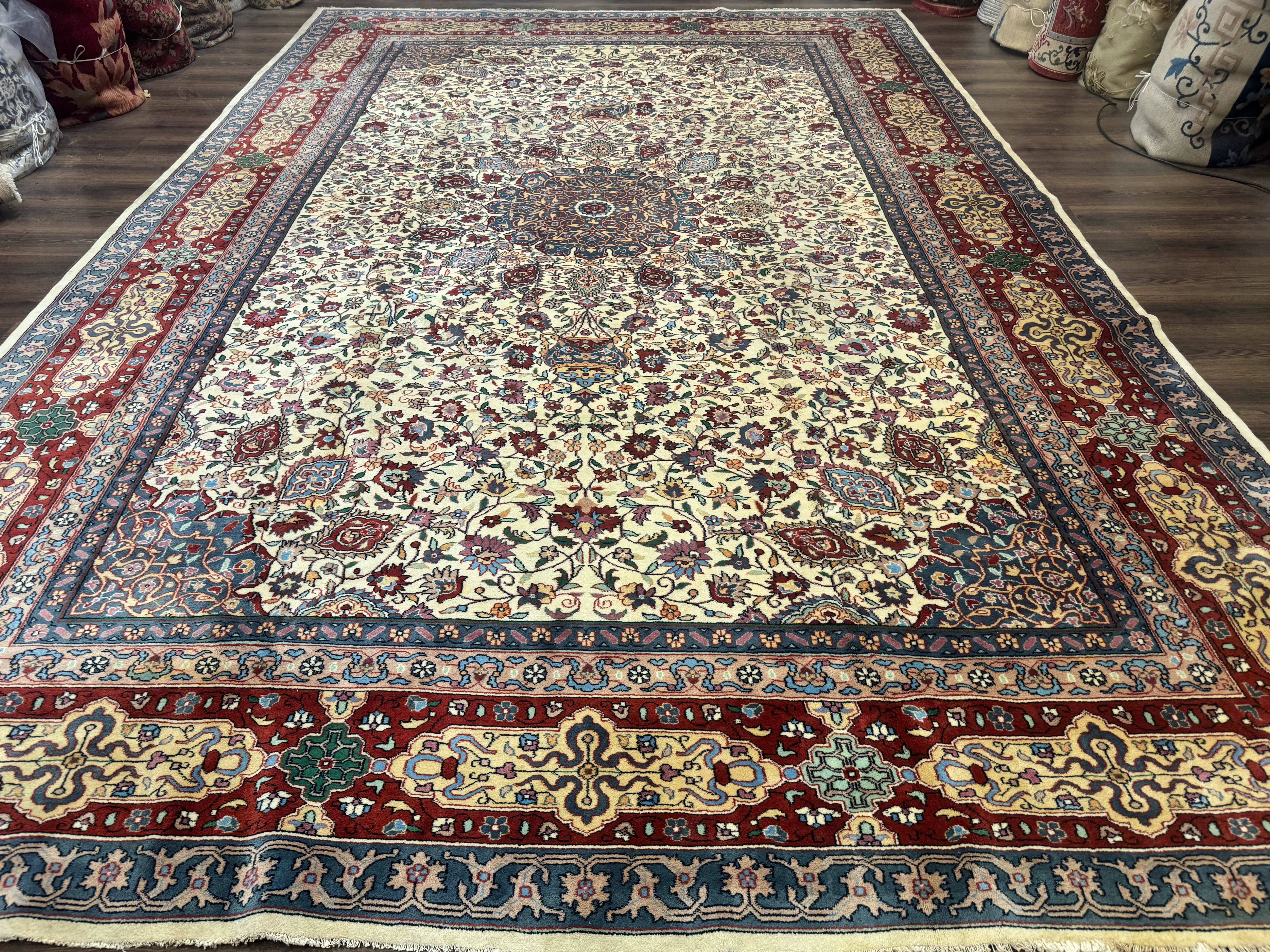 Persian Mashad Rug 10x16, Palace Size Handmade Wool Carpet, Cream Red, Floral Medallion, Vintage - Jewel Rugs