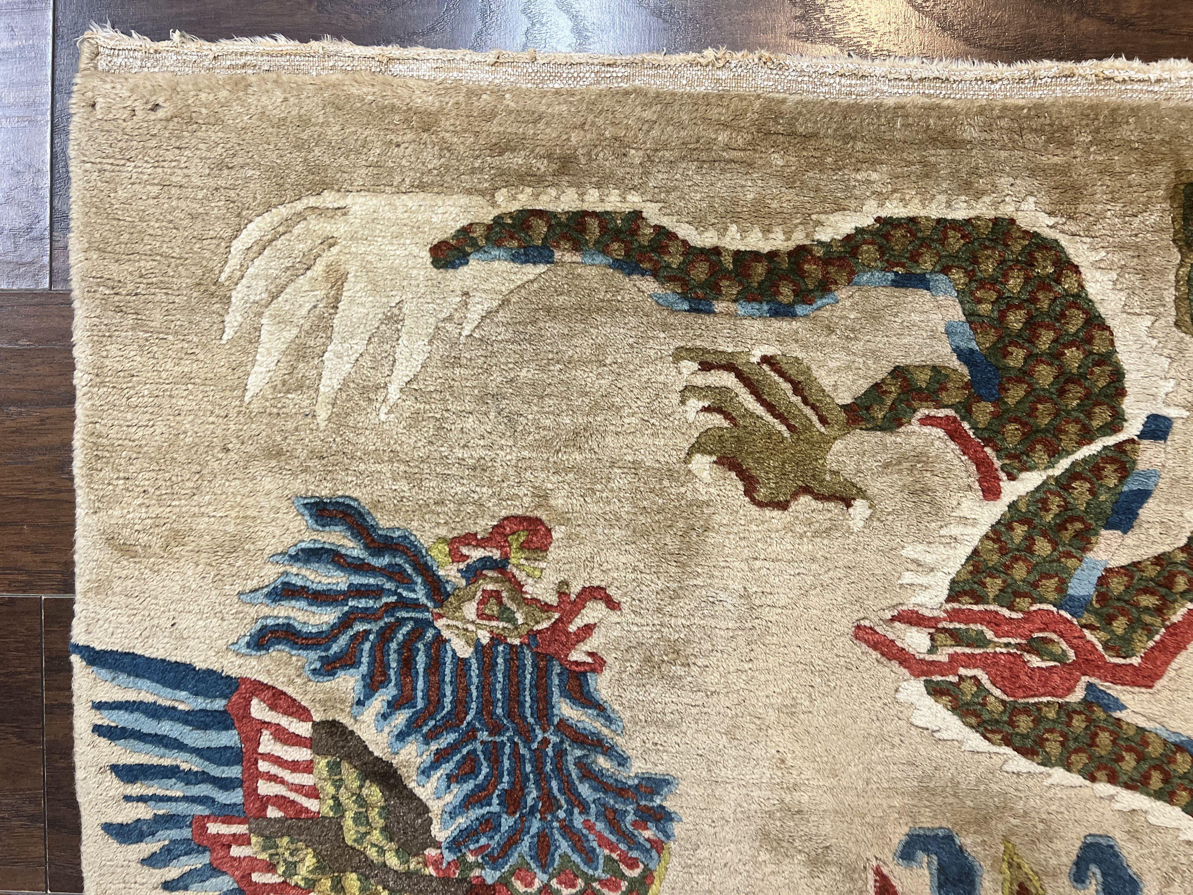 Antique Chinese Peking Rug 3 x 5.6, Dragon Motifs, Handmade Wool Asian Oriental Carpet - Jewel Rugs