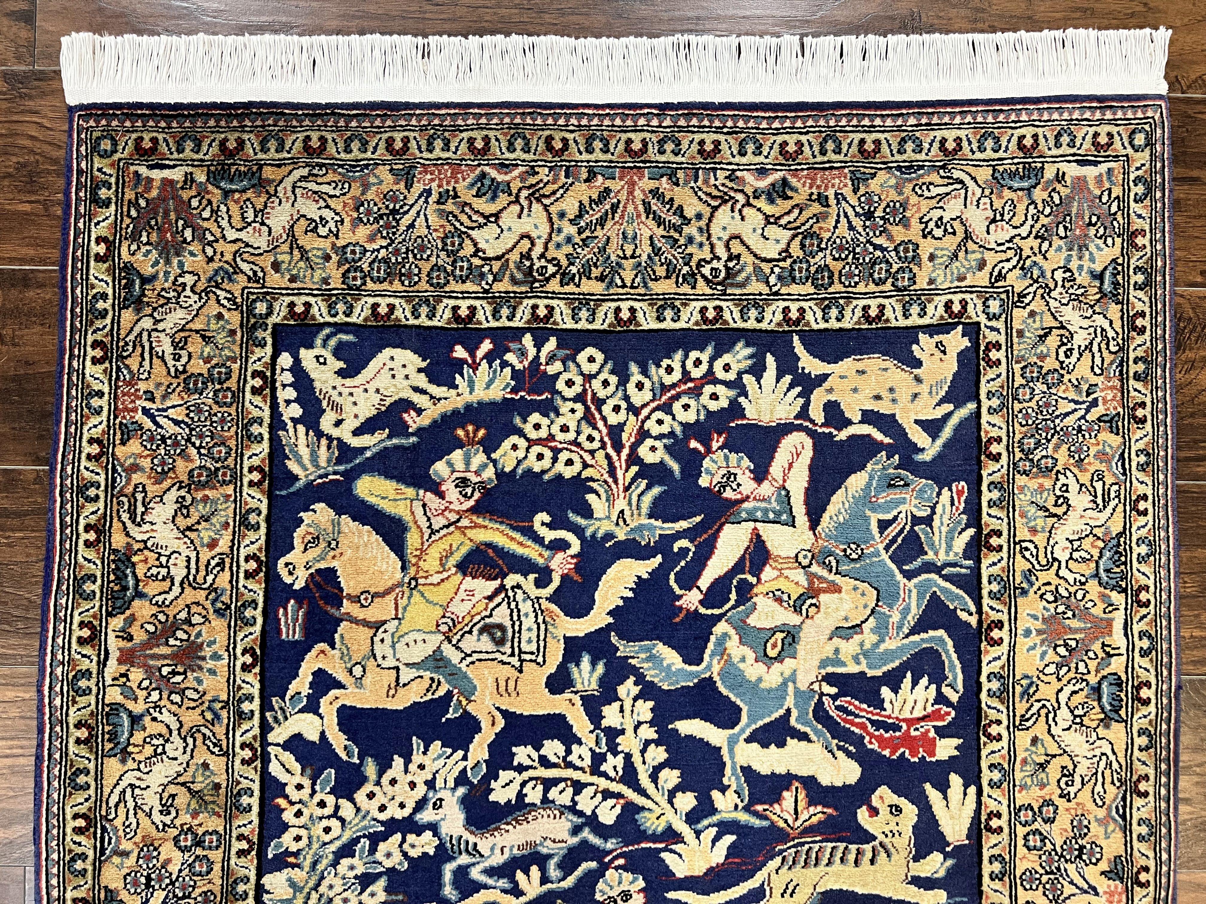 Persian Qum Hunting Design Rug 4x5, Wool Hand Knotted Vintage Oriental Carpet, Navy Blue & Mustard, Horsemen Animal Pictorials, Rare - Jewel Rugs