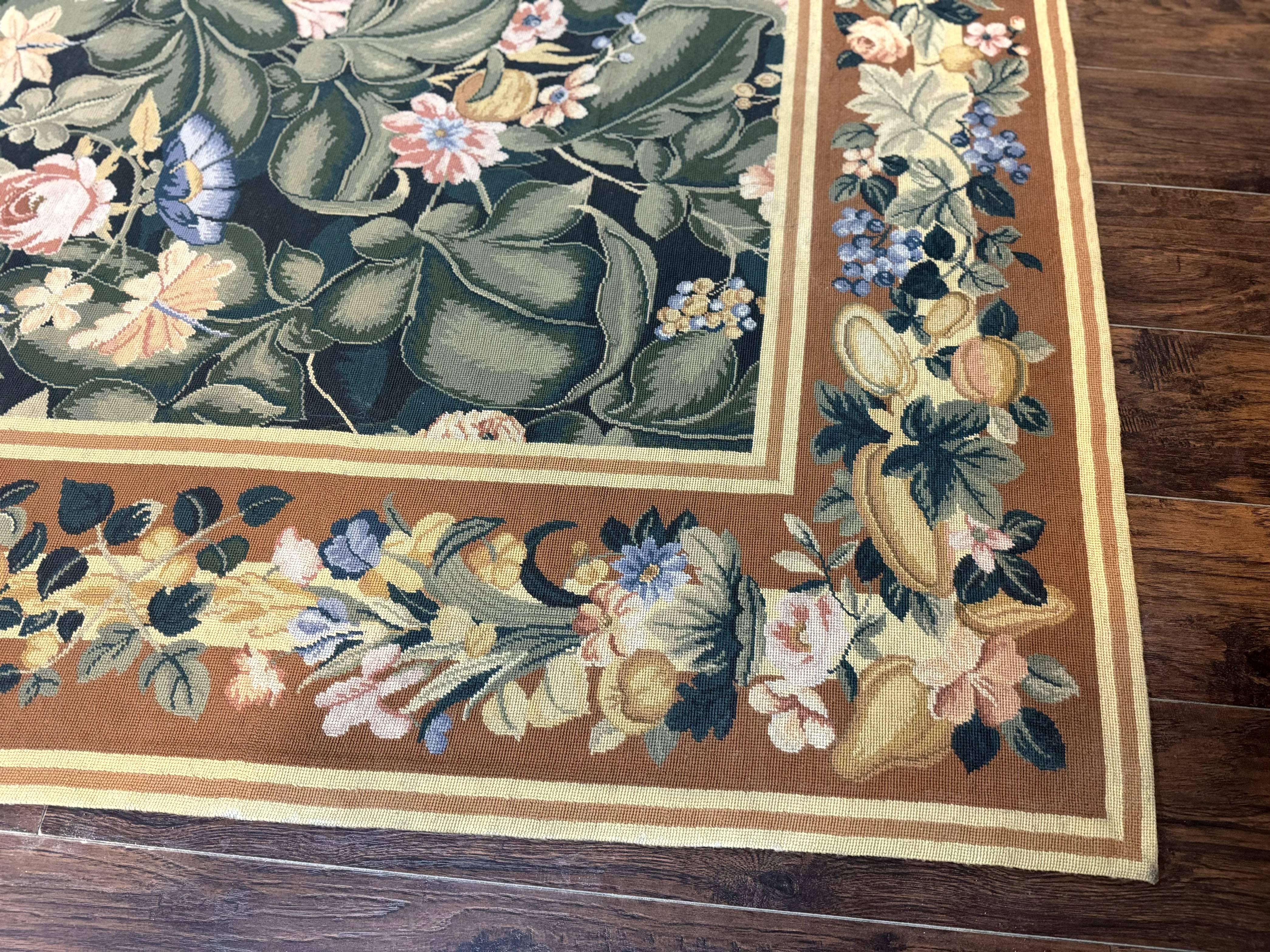 Needlepoint Rug 8x10, Vintage, Handmade, Wool, Green, Leaves & Fruits - Jewel Rugs