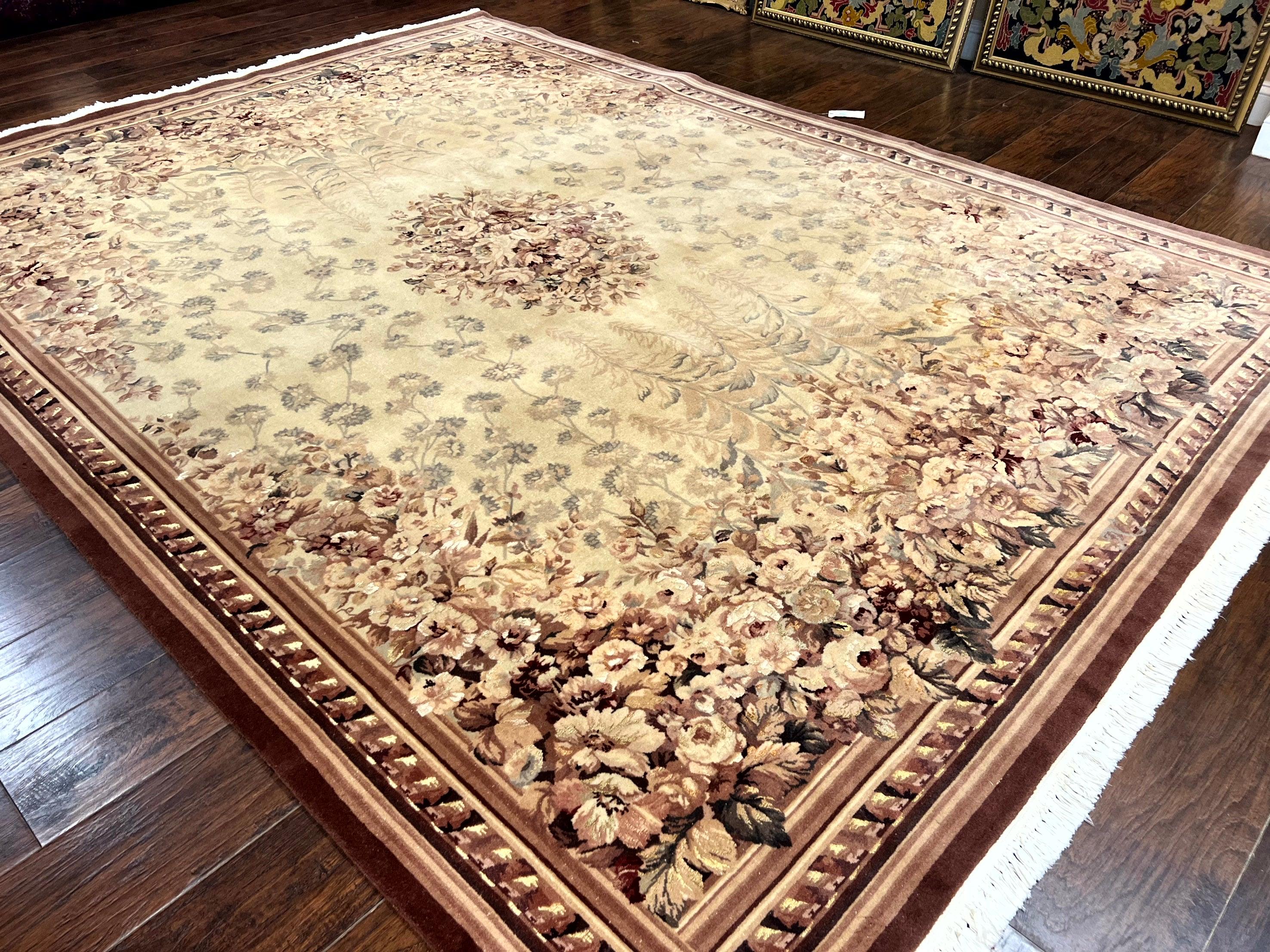 Aubusson Wool Rug 9x11, Wool with Silk Highlights, European Design, Vintage, Handmade, Floral, Fine 210 KPSI - Jewel Rugs