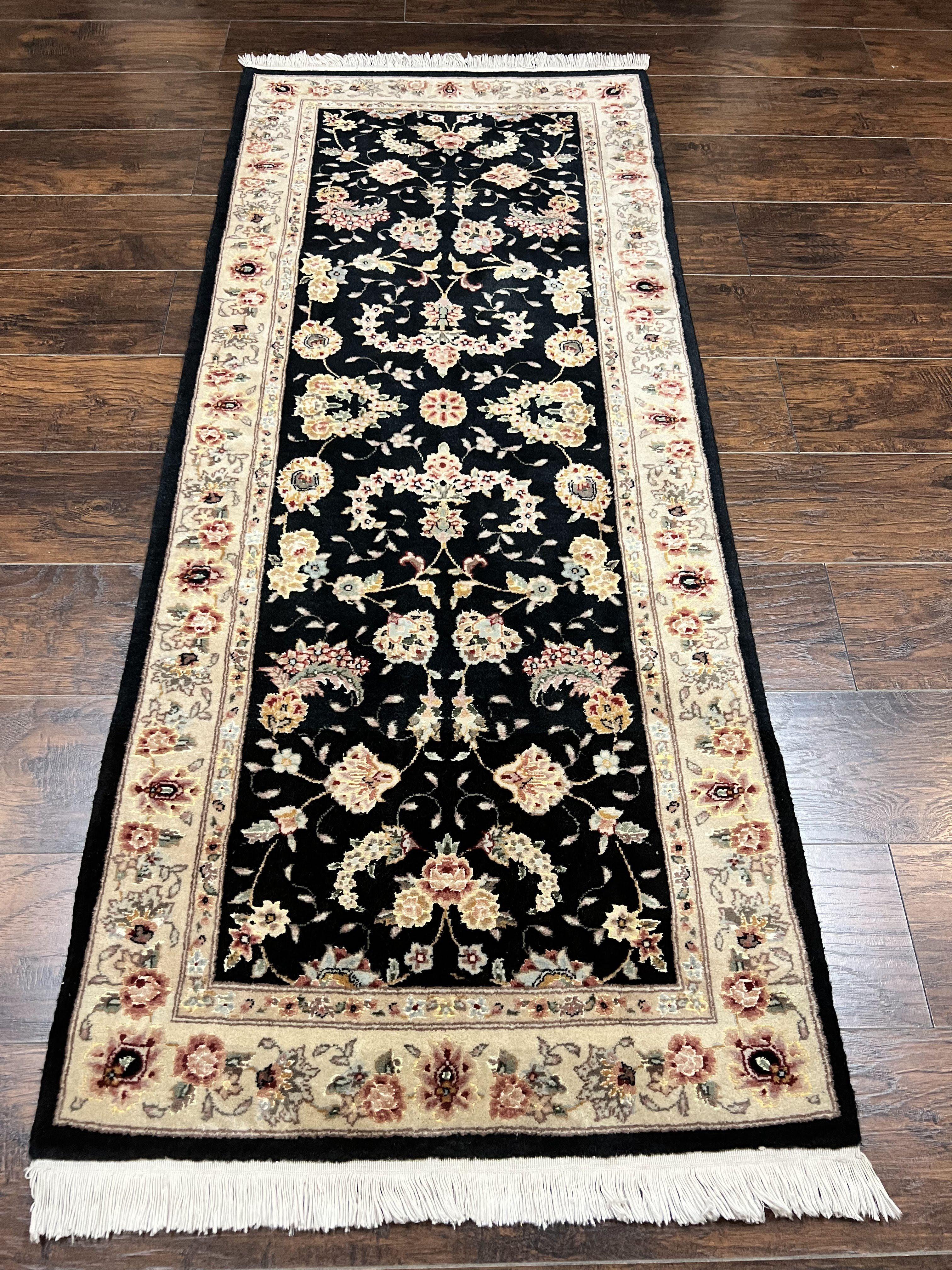 Sino Persian Short Runner Rug 2.7 x 6, Wool and Silk Highlights Black and Beige Handmade Vintage Floral Allover Oriental Carpet, Hallway Rug - Jewel Rugs