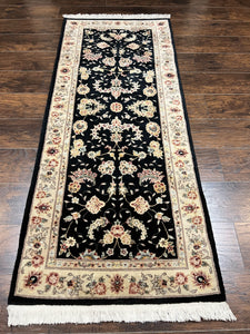 Sino Persian Short Runner Rug 2.7 x 6, Wool and Silk Highlights Black and Beige Handmade Vintage Floral Allover Oriental Carpet, Hallway Rug