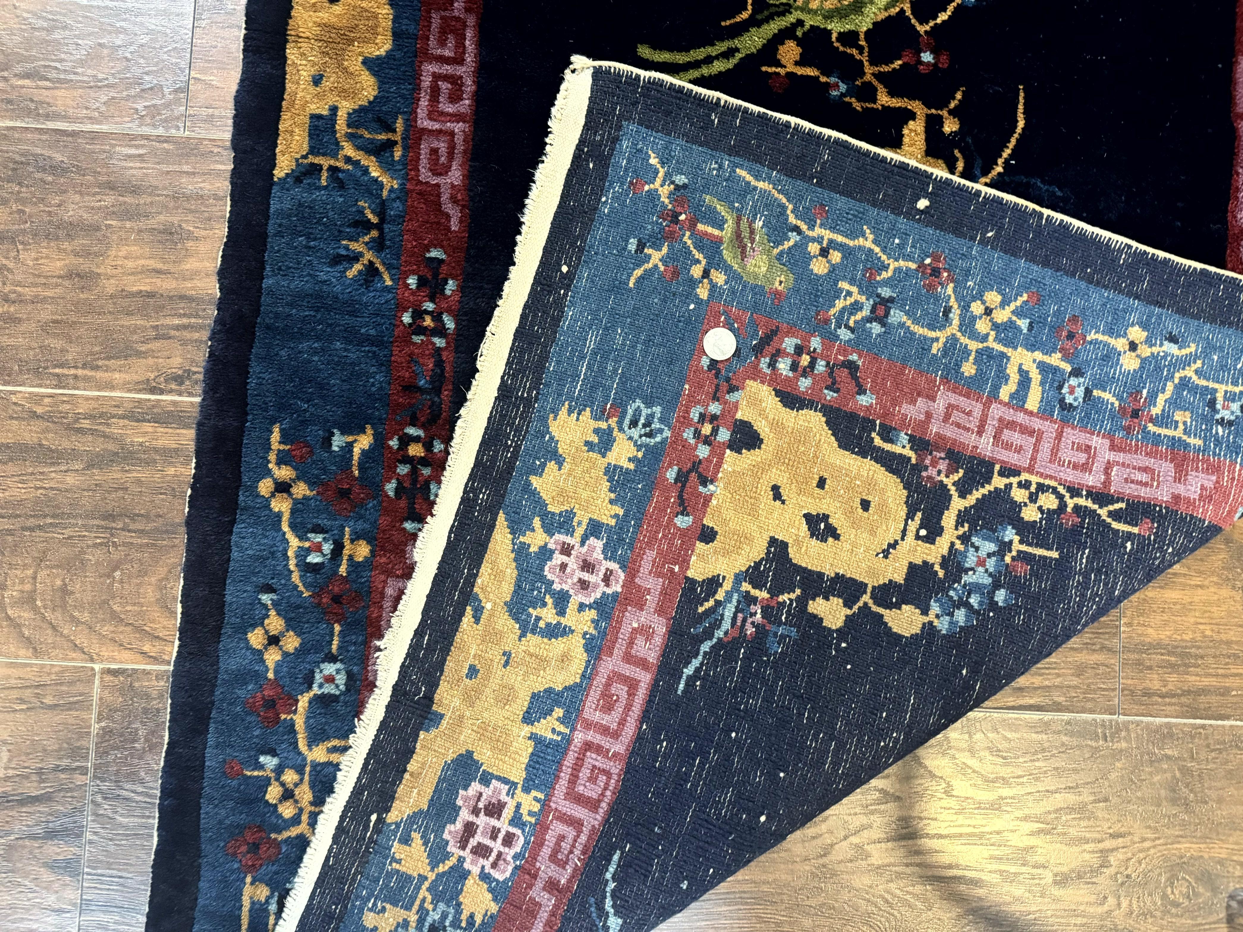 Antique Chinese Peking Rug 3x6, Dark Blue, Bird Motif, Handmade Wool Art Deco Asian Oriental Carpet, Pair A - Jewel Rugs