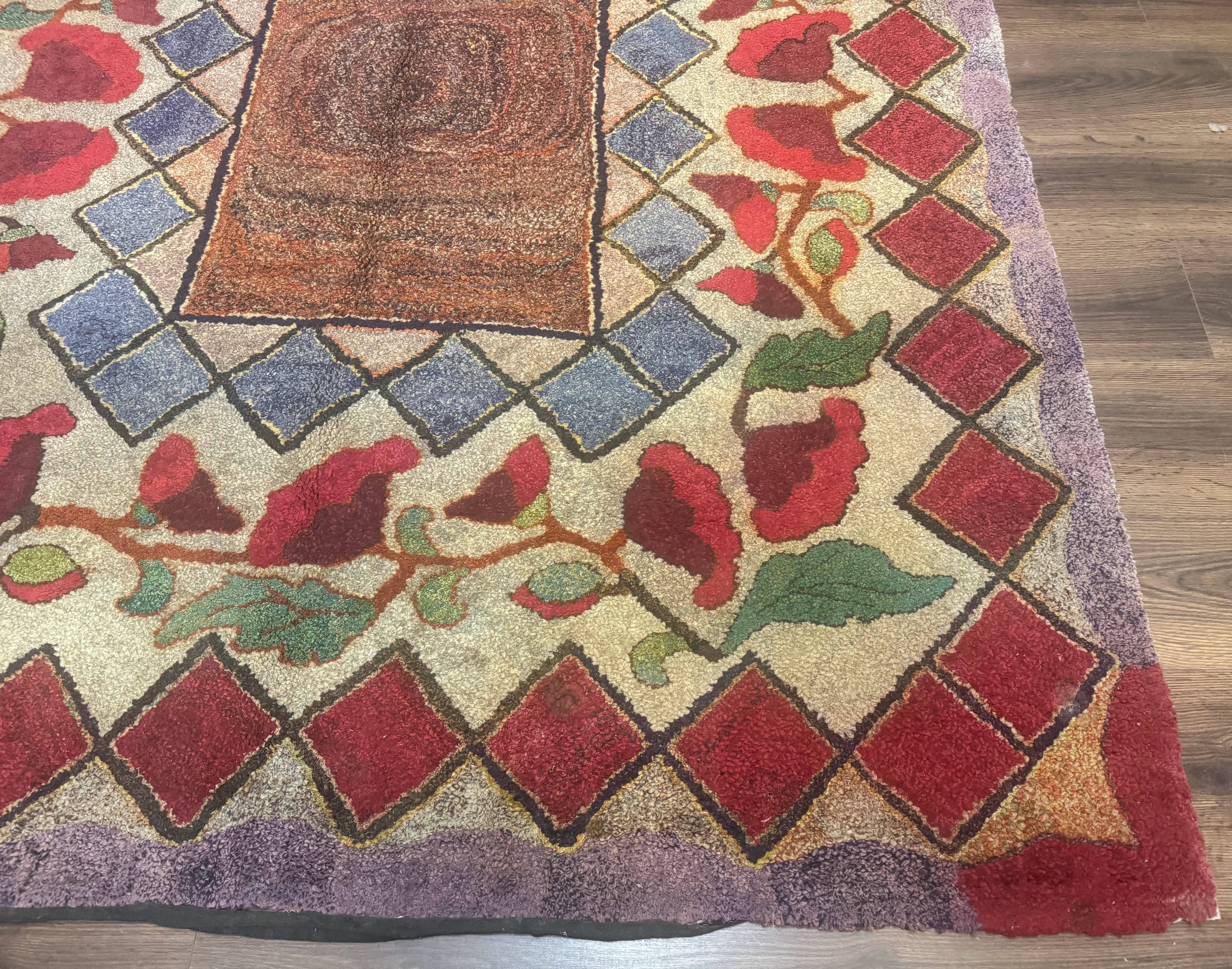 Vintage American Hooked Rug 6x7, Unique Colors, Red Lavender Cream, Abstract - Jewel Rugs