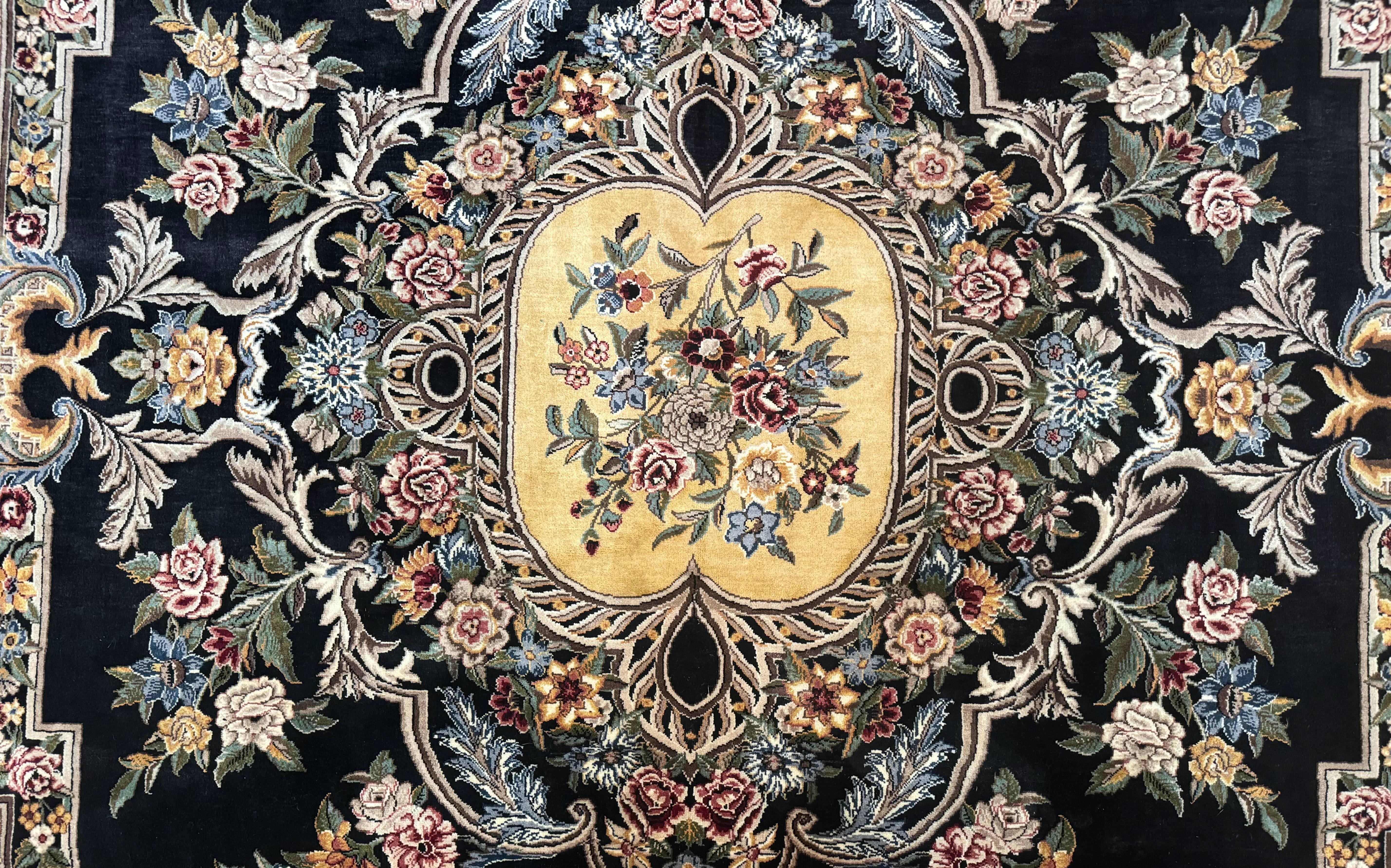 Aubusson Rug 9x12, Black and Beige, Floral, Elegant Handmade French European Design Carpet - Jewel Rugs