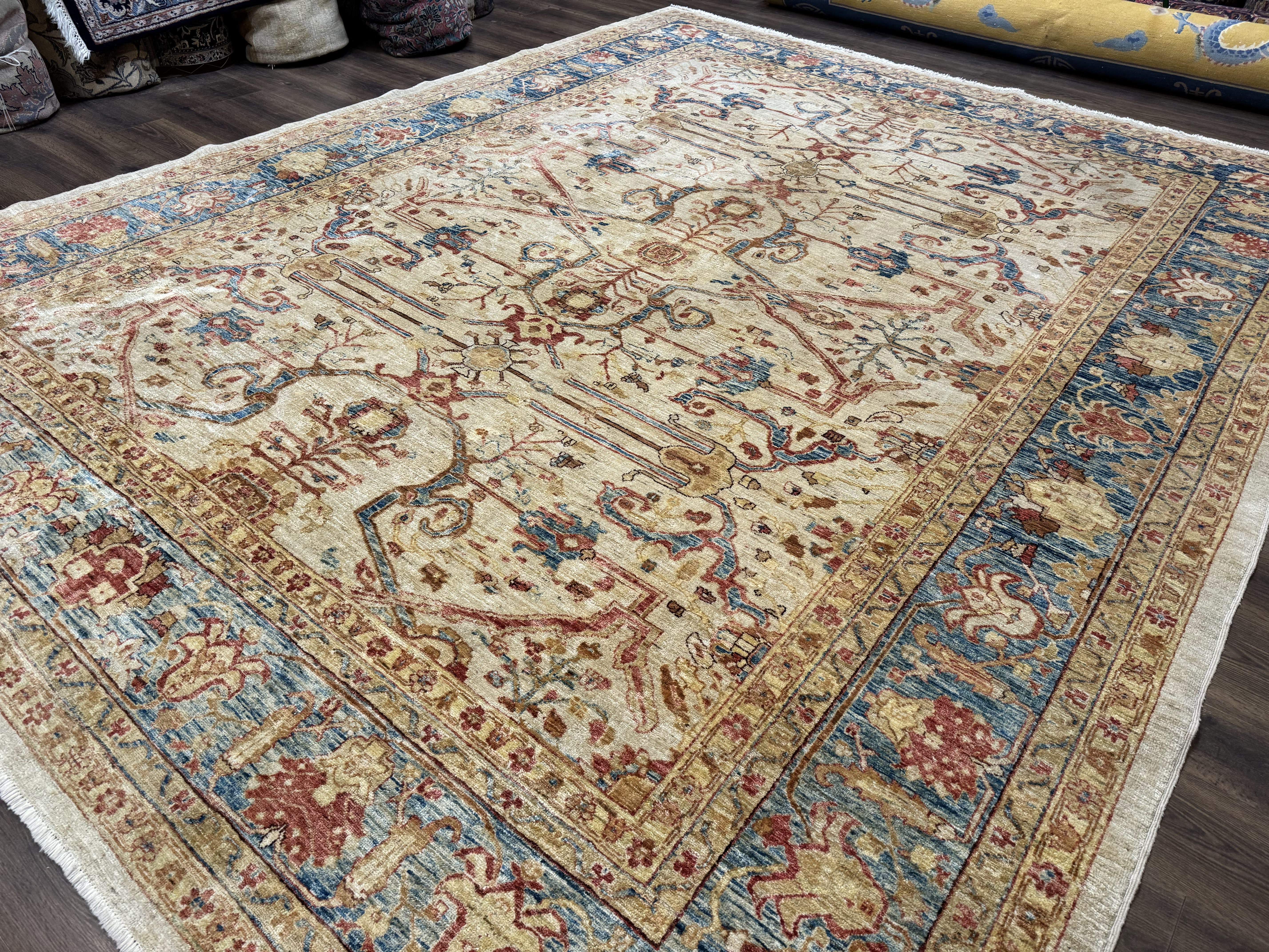 Pakistani Peshawar Rug 10x12 – Tan and Blue, Hand-Knotted Wool Oushak Carpet - Jewel Rugs