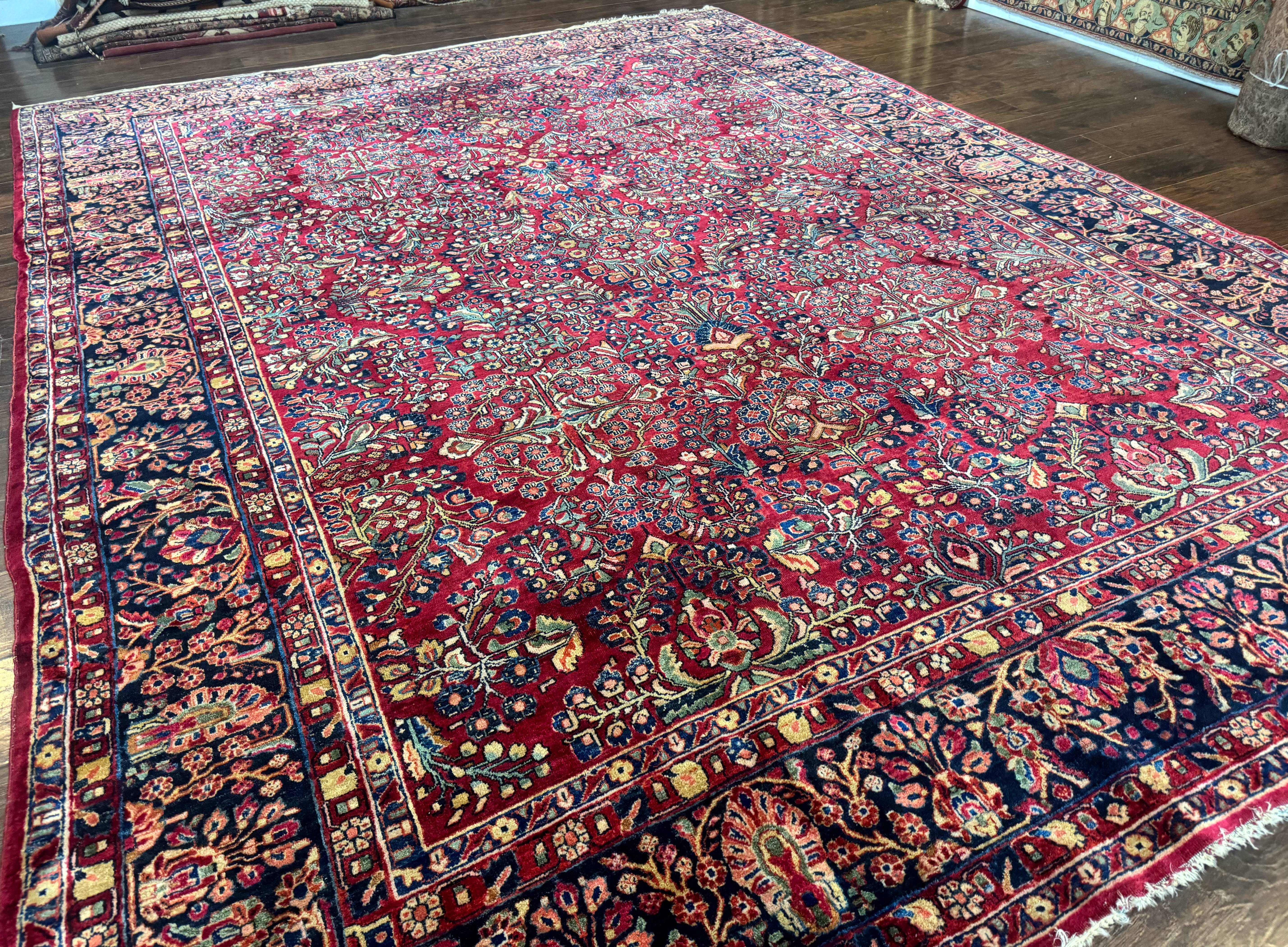 Antique Persian Sarouk Rug 9x12, Red and Blue, Large, Wool, Floral Allover - Jewel Rugs
