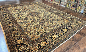 Antique Persian Rug 9x11, Wool Handmade 1920s Oriental Carpet, Persian Hamadan Anjelas Rug, Cream Black, Floral Allover Oriental Rug 9 x 11 Room Sized Rug