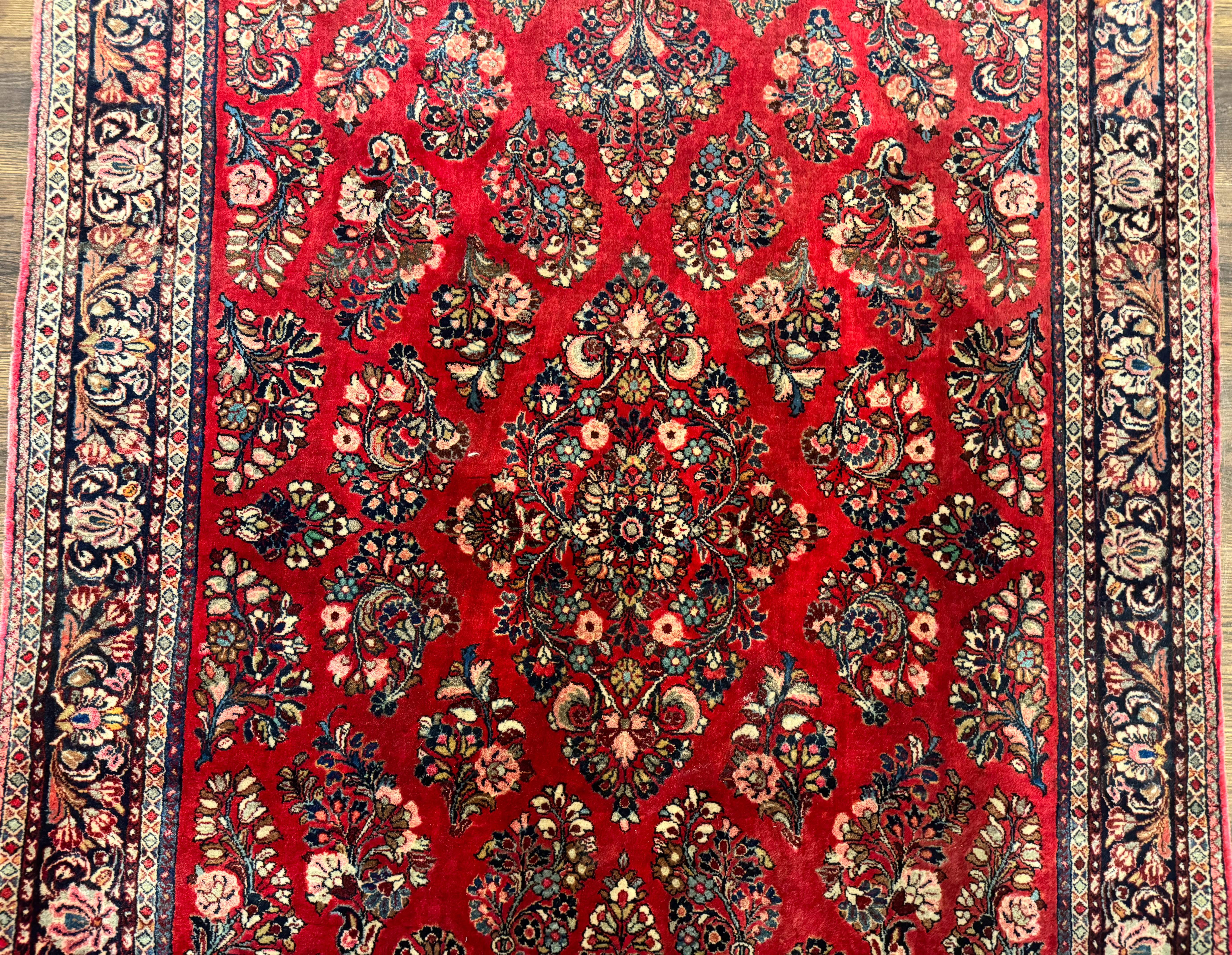 Sarouk Rug 4x6 – Red and Navy, Hand-Knotted Wool, Vintage Persian Carpet - Jewel Rugs