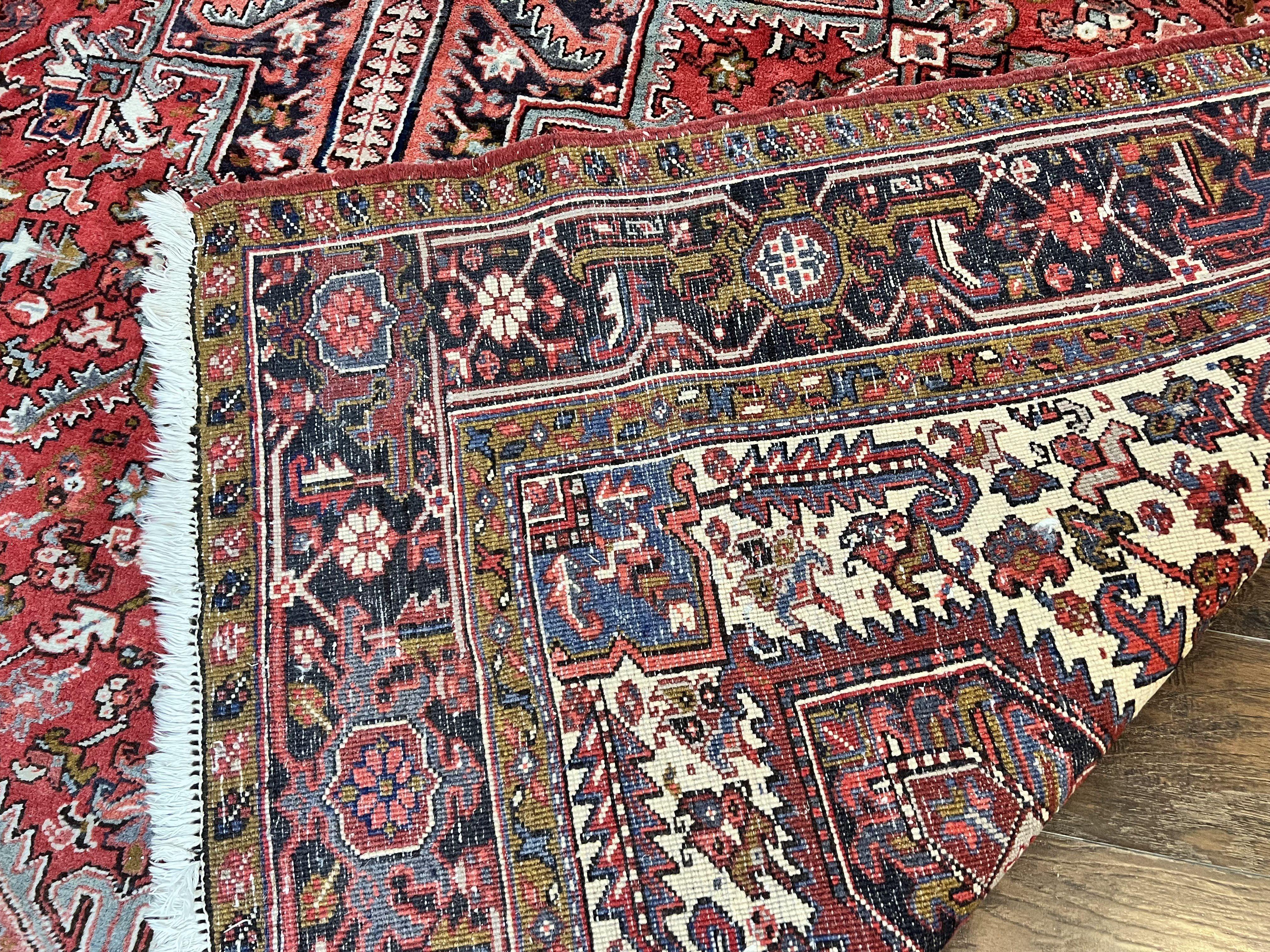 Large Persian Heriz Rug 10x13, Wool Hand Knotted Antique Carpet, Red and Ivory, Geometric Tribal Room Sized Rug, Decorative Oriental Rug - Jewel Rugs