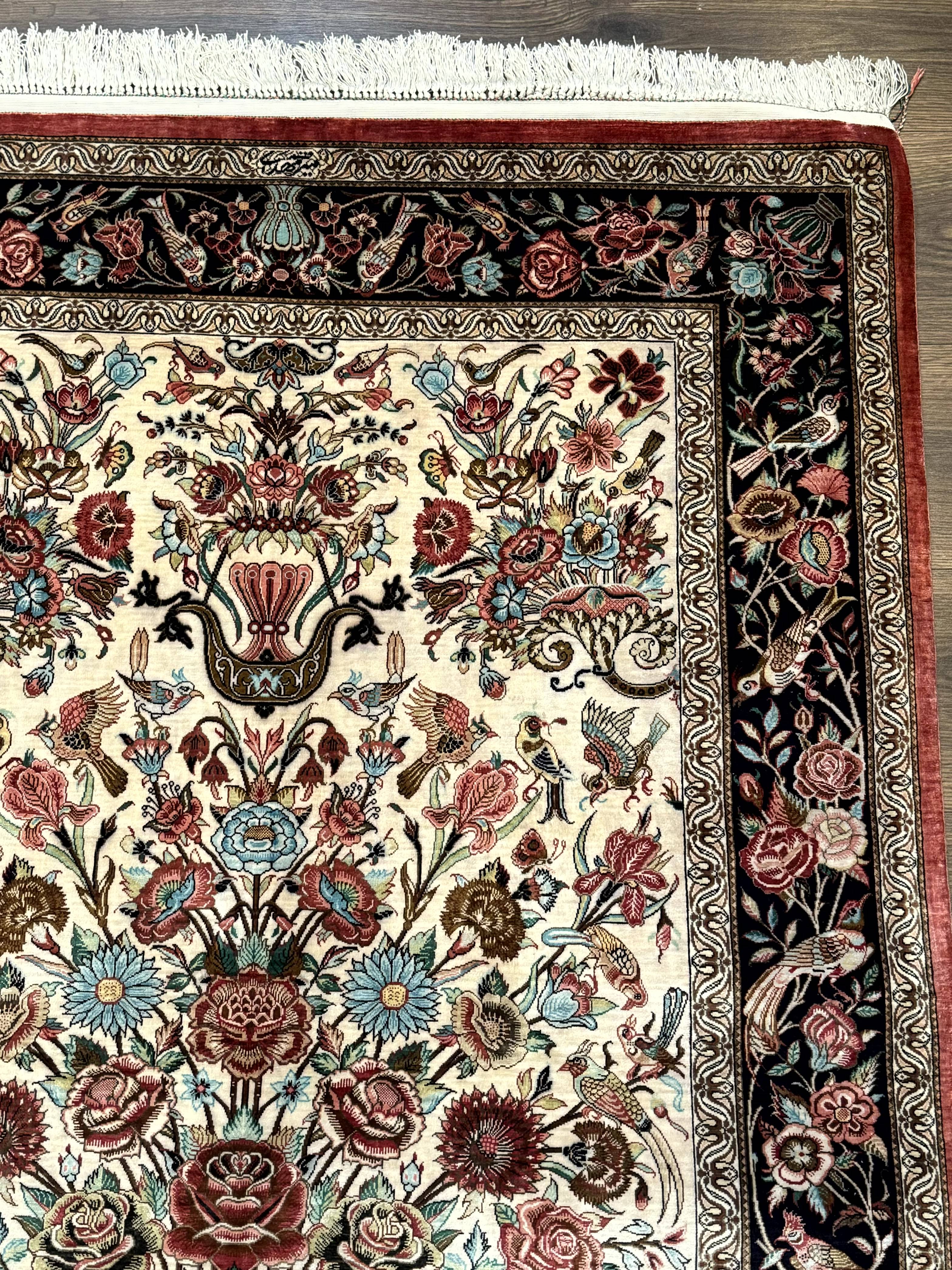 Marvelous Persian Qum Silk Rug 3x5, Exceptionally Fine 650 KPSI, Persian Vase & Birds, Signed Mir Mehdi, Rare - Jewel Rugs