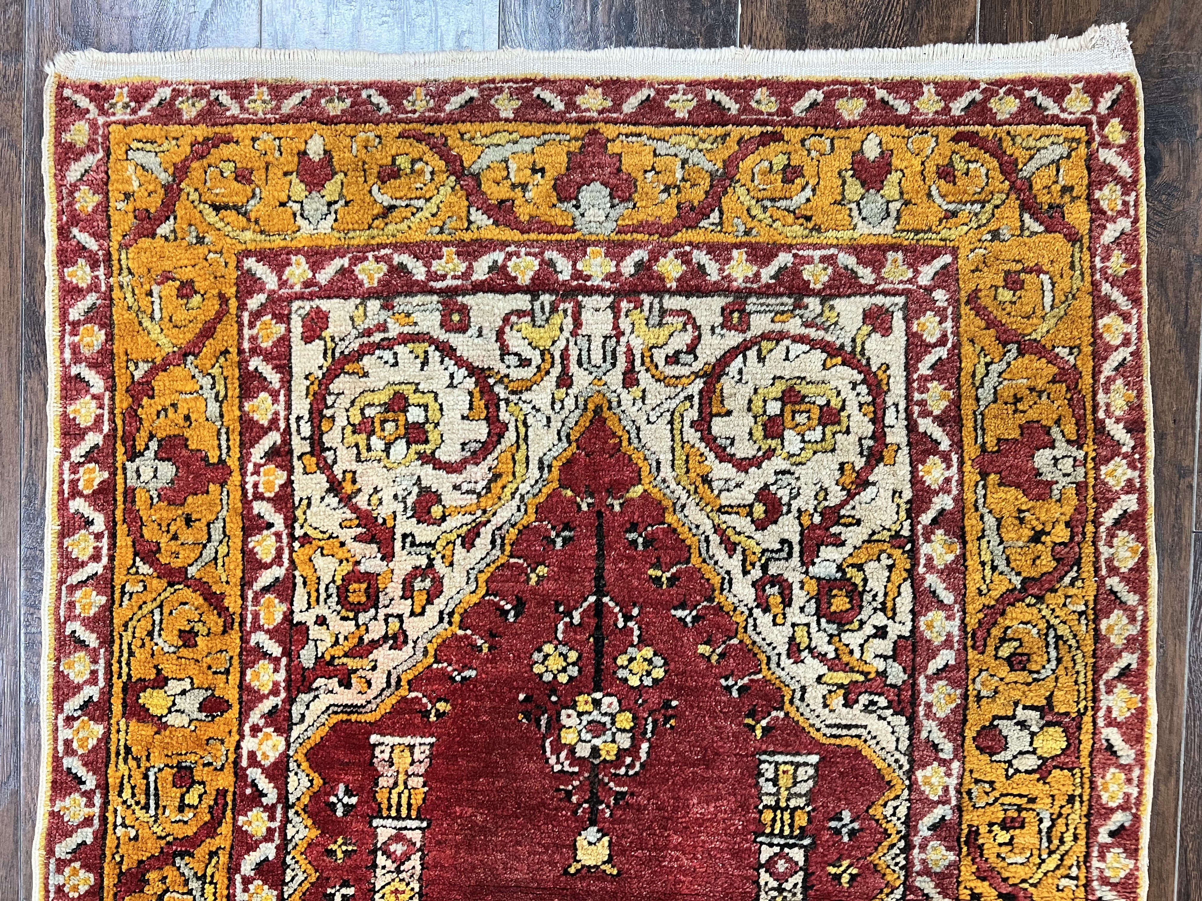 Antique Turkish Prayer Rug 3x5, Hand Knotted Turkish Melas Oushak Wool Carpet, Mehrab Rug, Orange & Red Vintage Rug 3 x 5 Collectible - Jewel Rugs