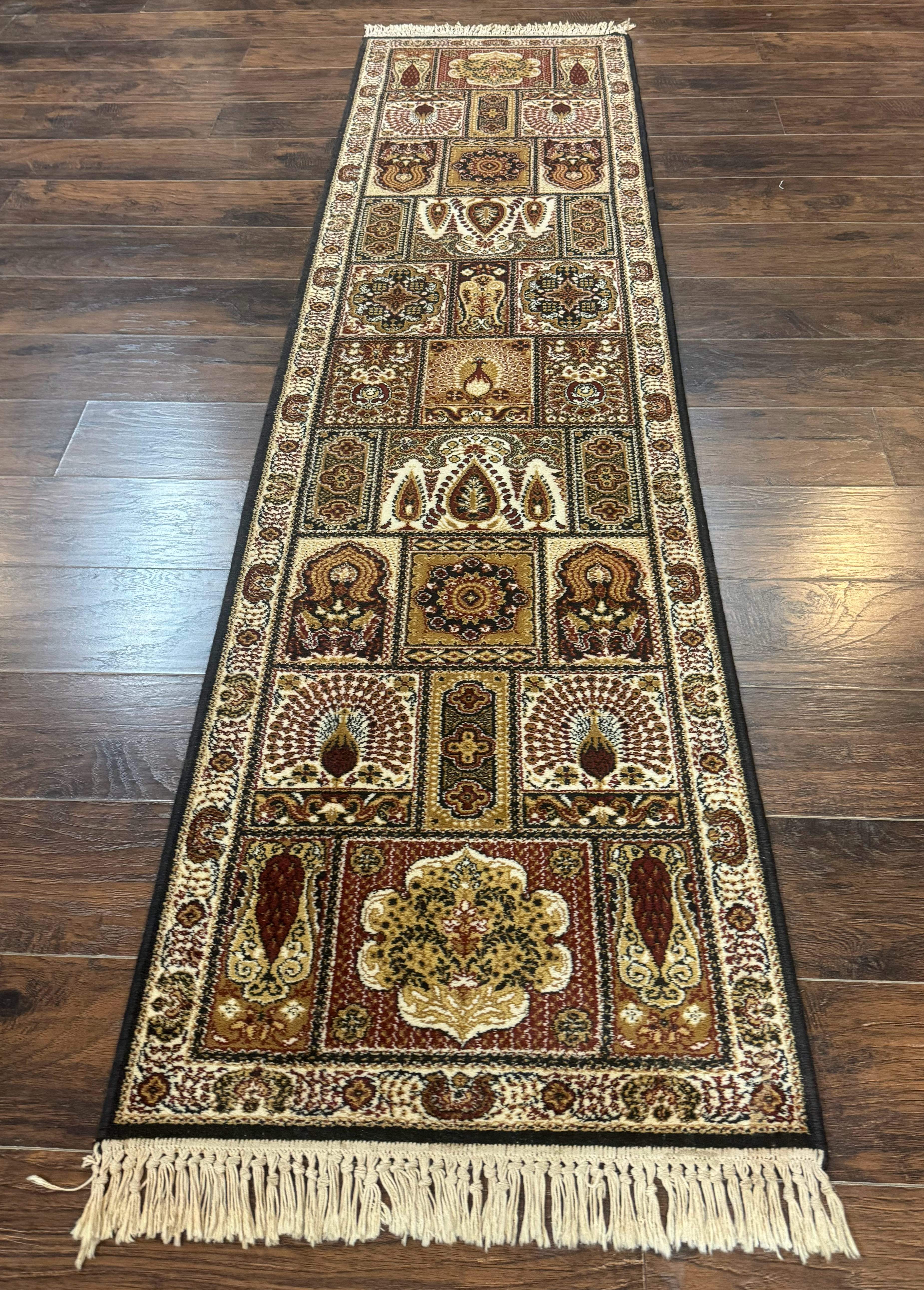 Couristan Runner Rug 2x9, Panel Design, Peacocks, Belgium Power Loomed, Wool Runner - Jewel Rugs