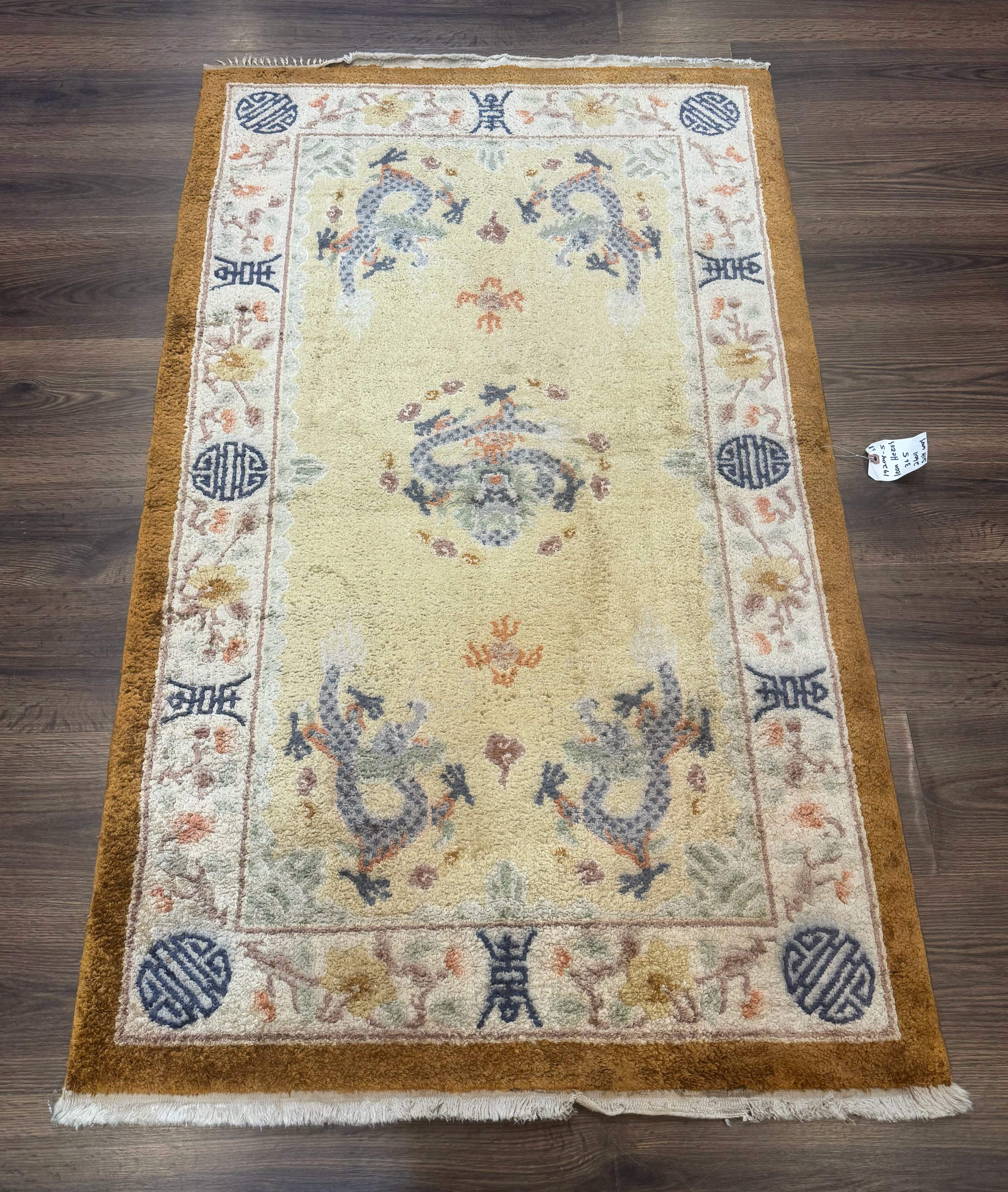 Chinese Silk Rug 3x5, Dragons, Hand Knotted, Cream - Jewel Rugs